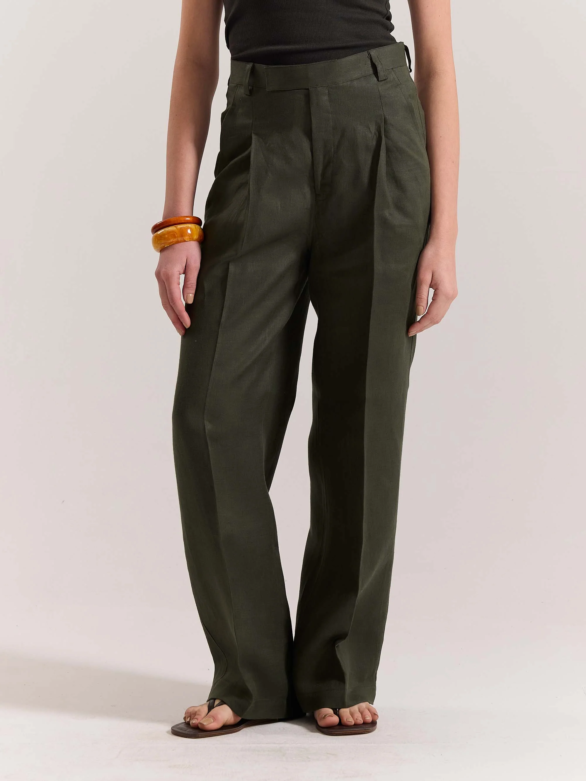 Dark Green Linen Baggy Fit Trousers - Image 4