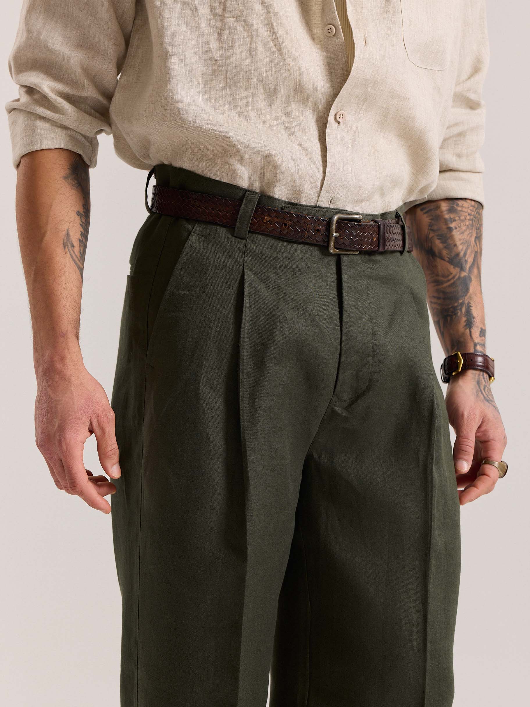 Dark Green Linen Baggy Fit Trousers - Image 5