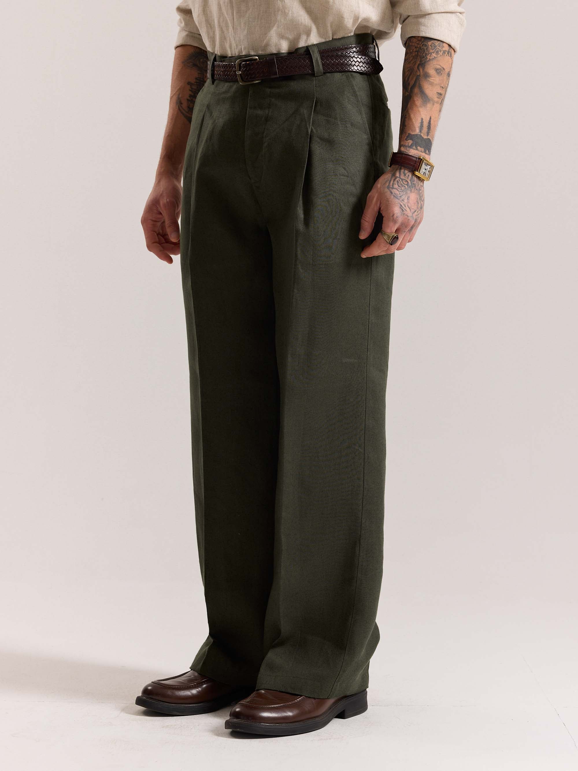 Dark Green Linen Baggy Fit Trousers - Image 6