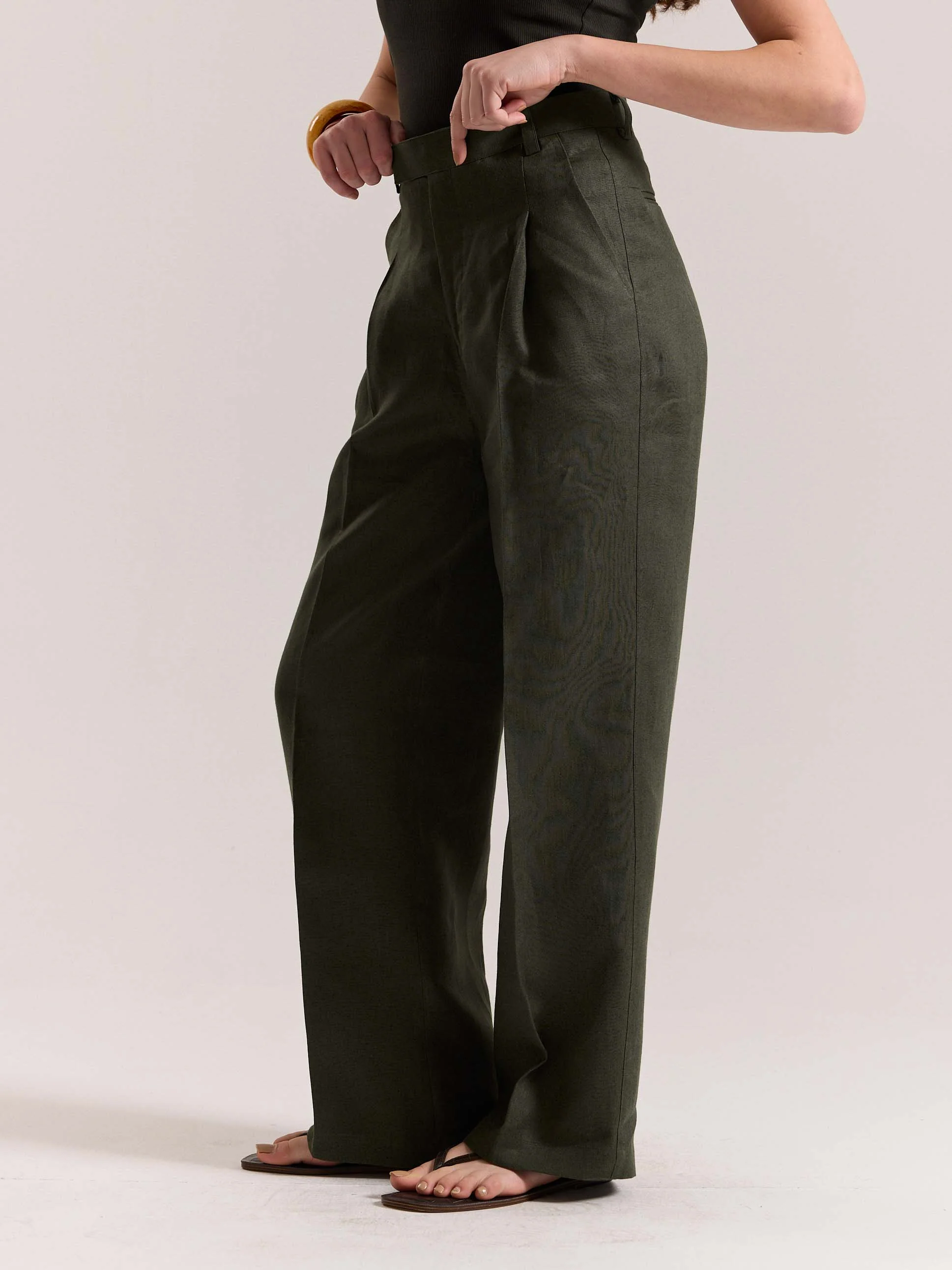 Dark Green Linen Baggy Fit Trousers - Image 7