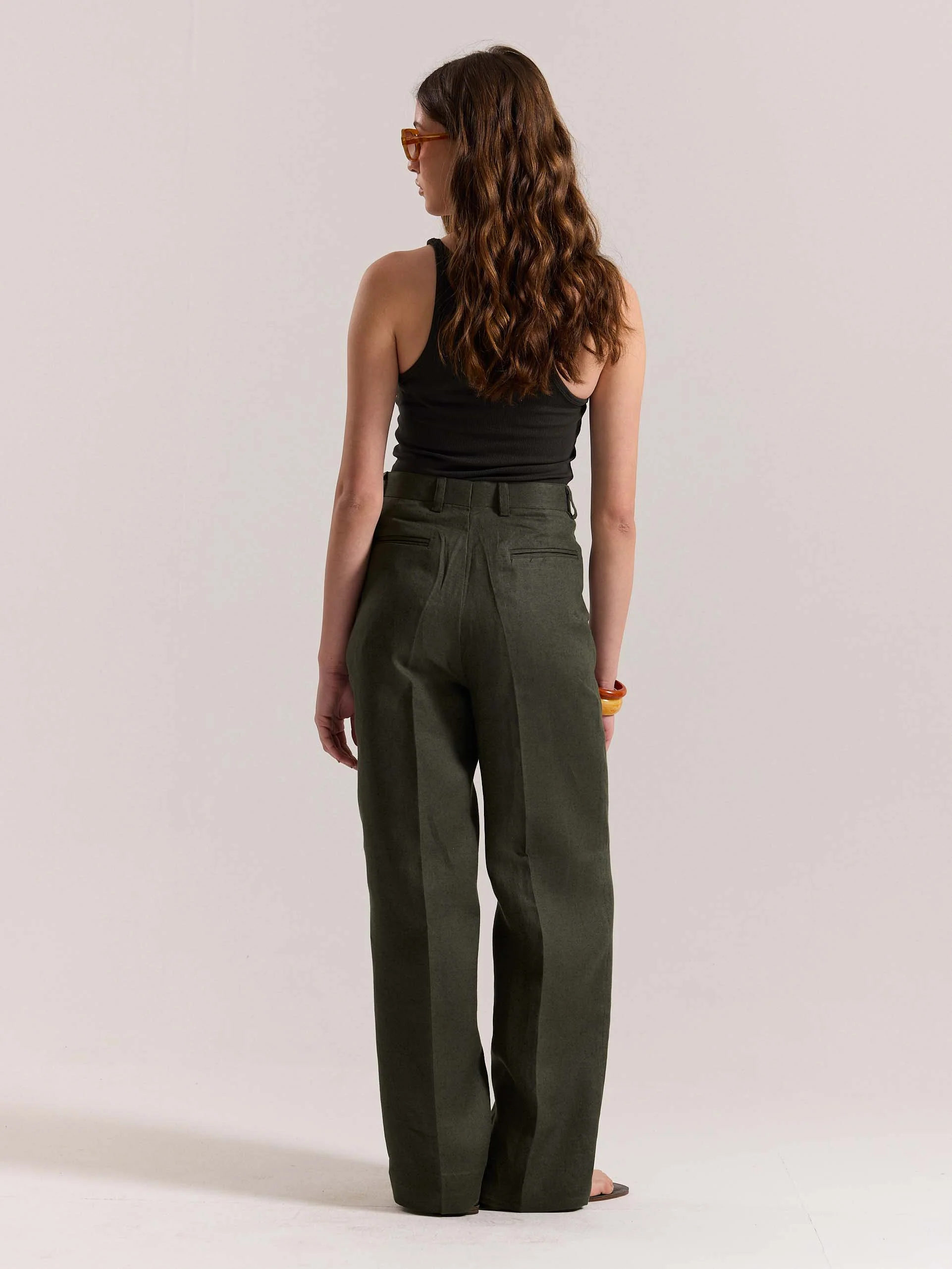 Dark Green Linen Baggy Fit Trousers - Image 8