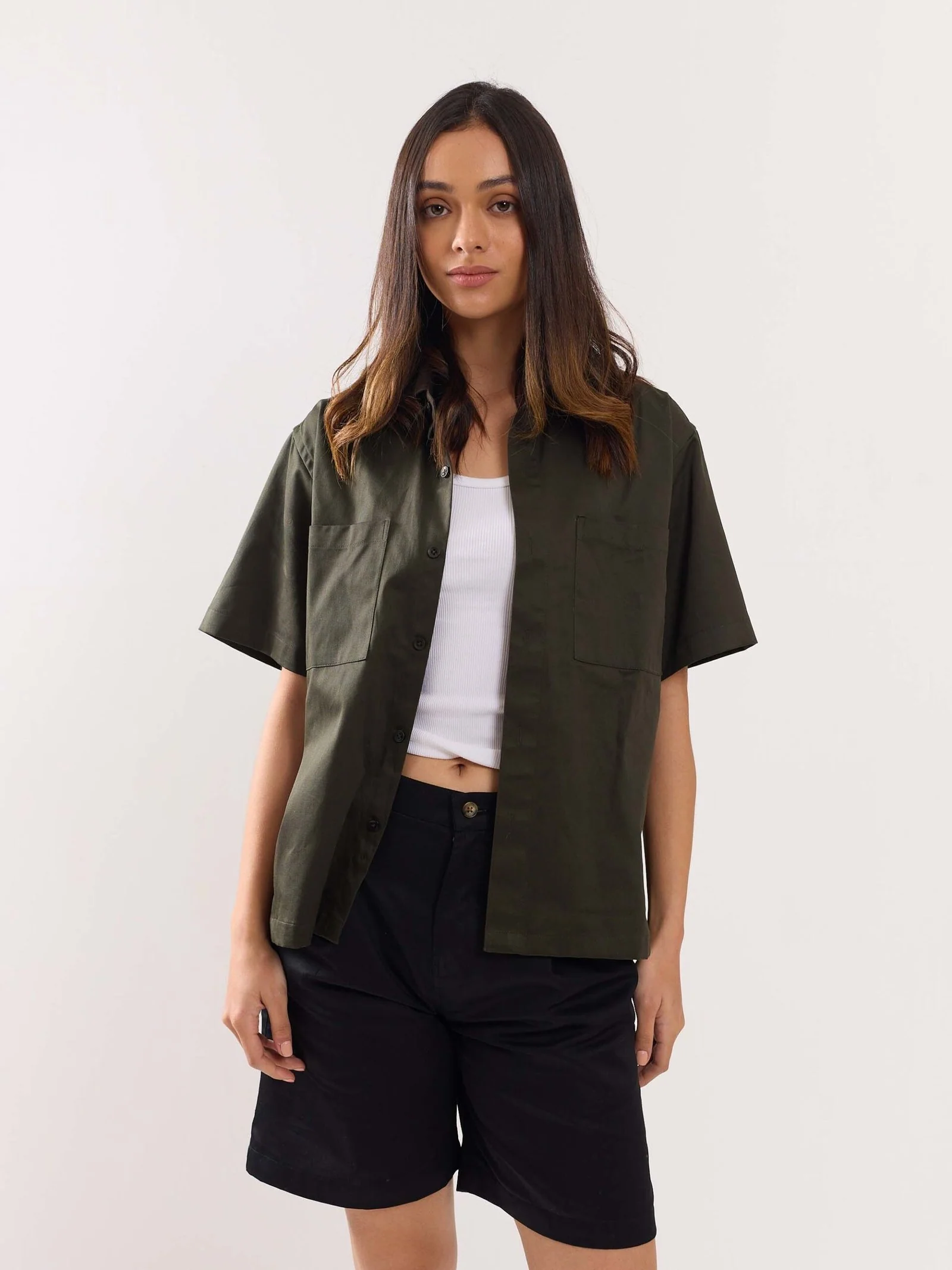Dark Green Twill Cropped Shirt - Image 3