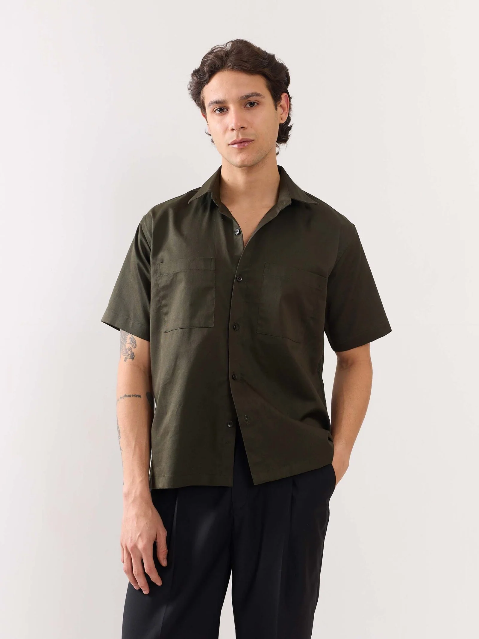 Dark Green Twill Cropped Shirt - Image 4