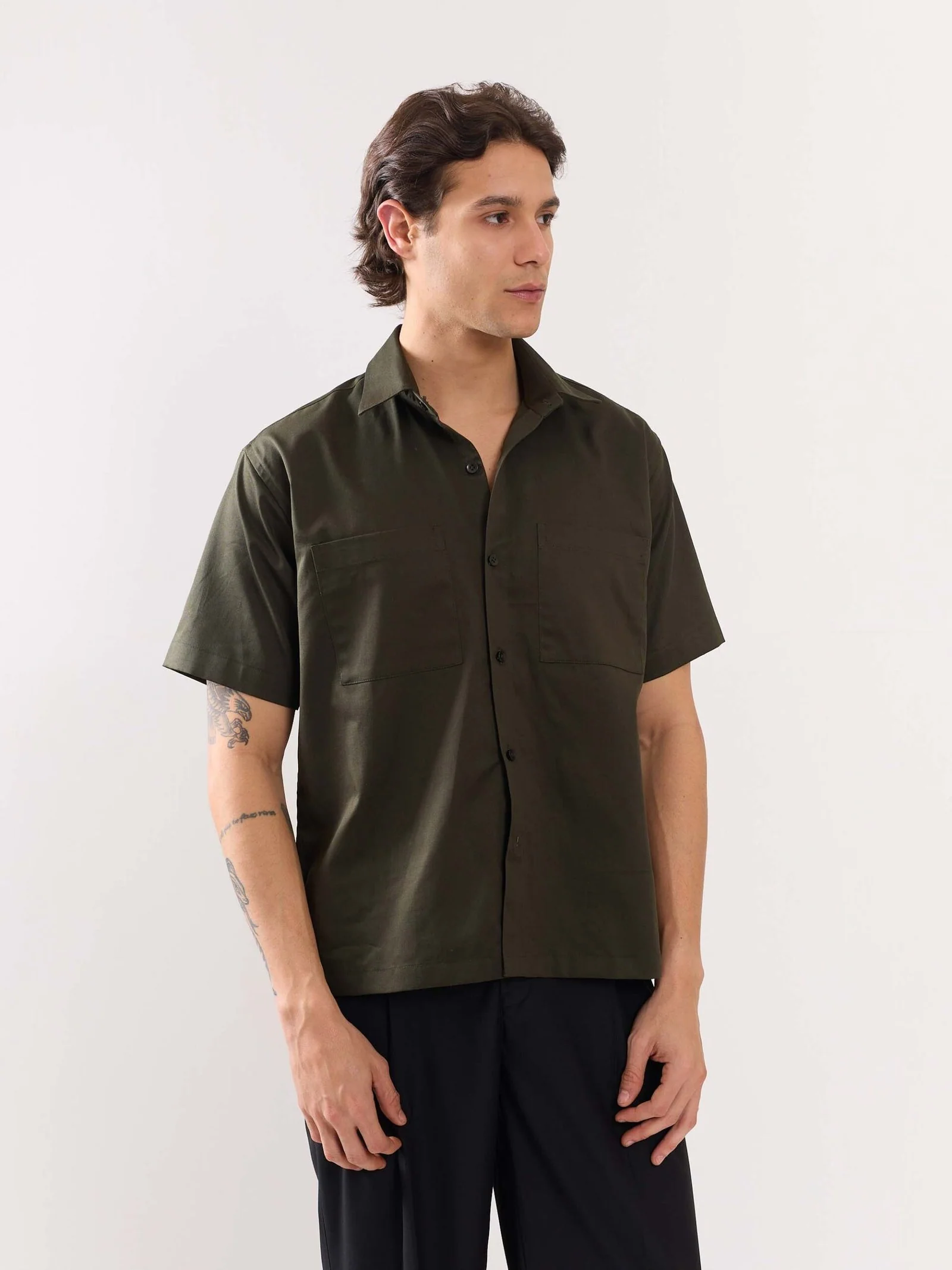 Dark Green Twill Cropped Shirt - Image 5