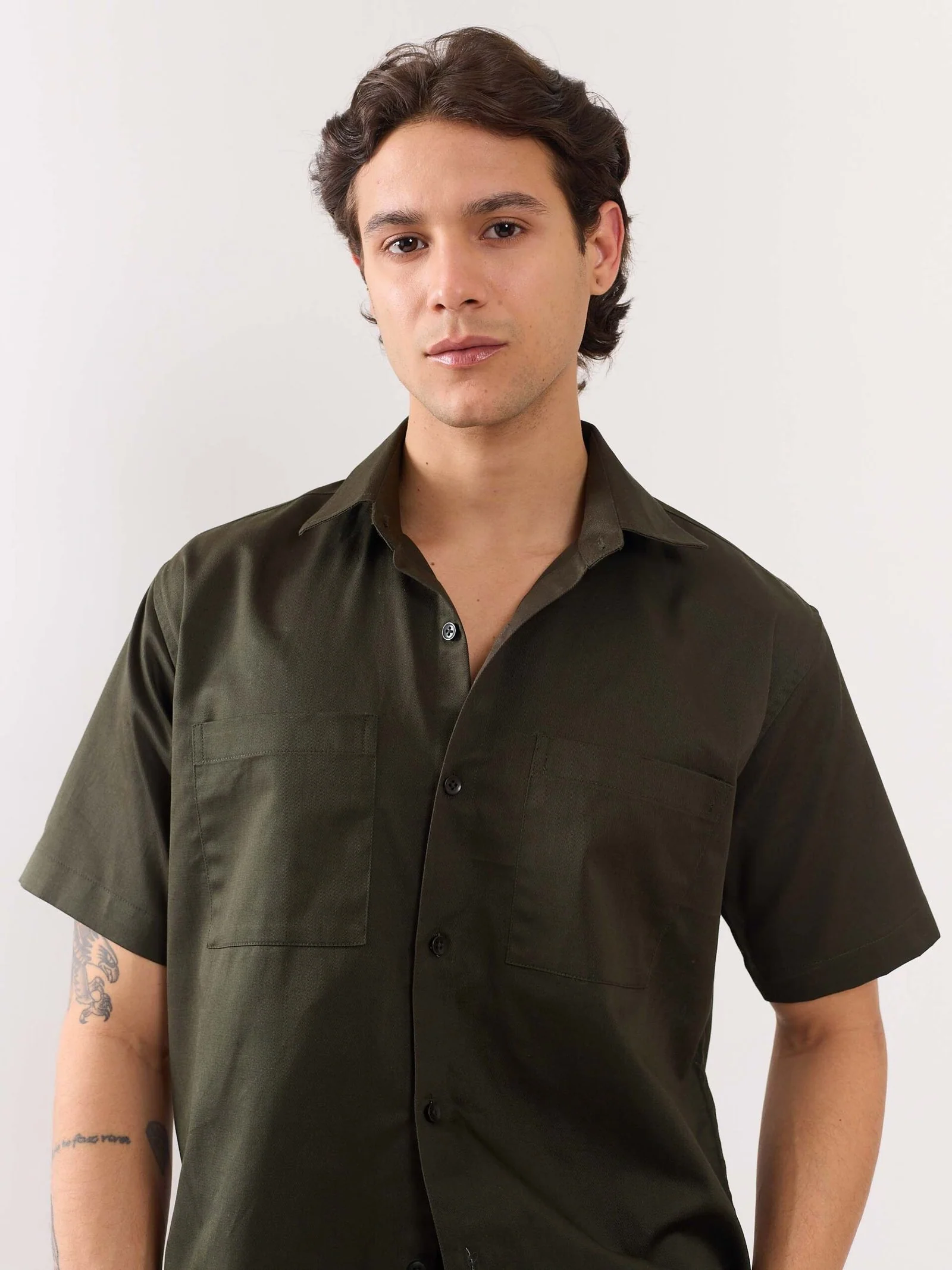 Dark Green Twill Cropped Shirt - Image 6