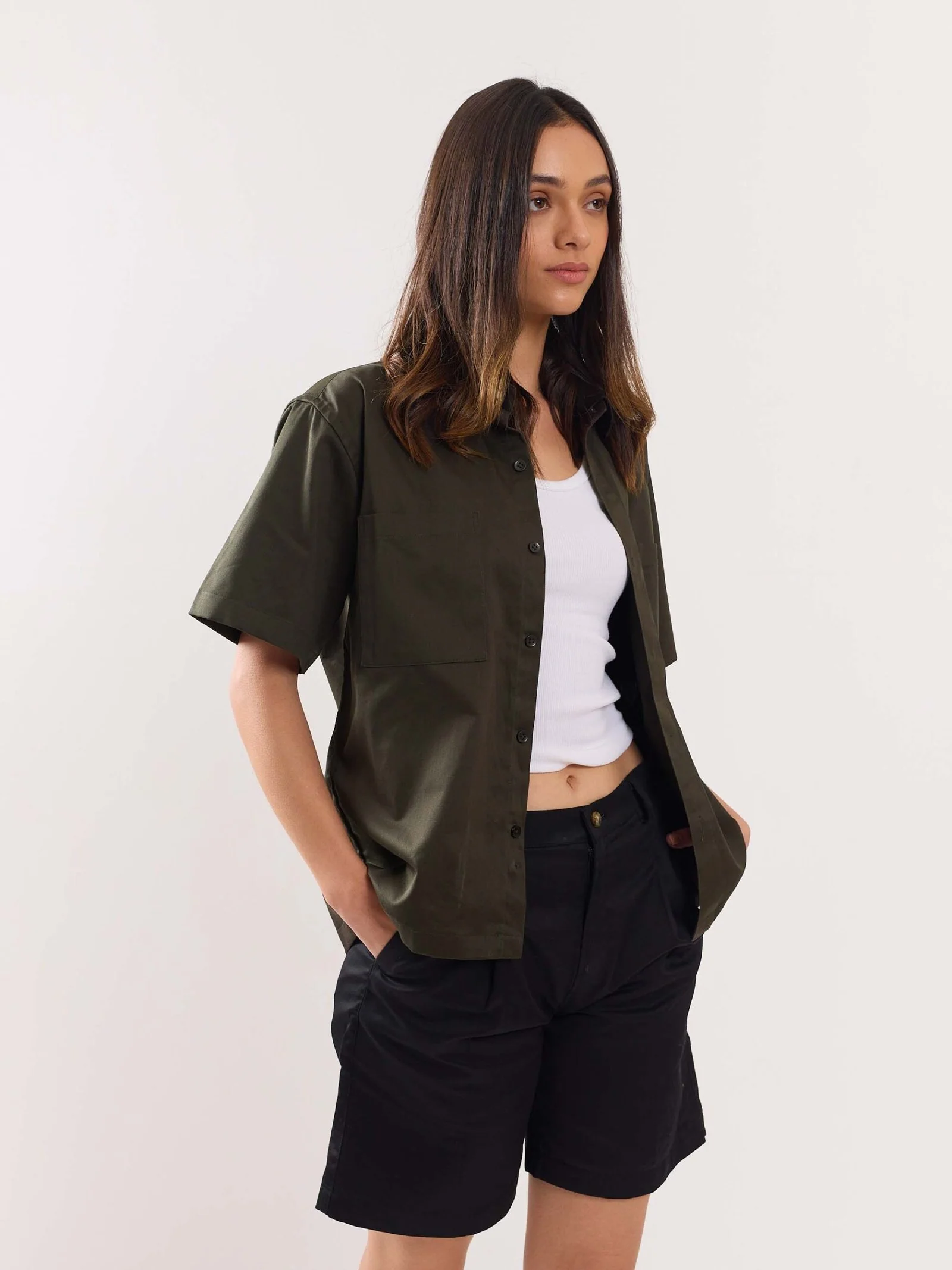 Dark Green Twill Cropped Shirt - Image 7