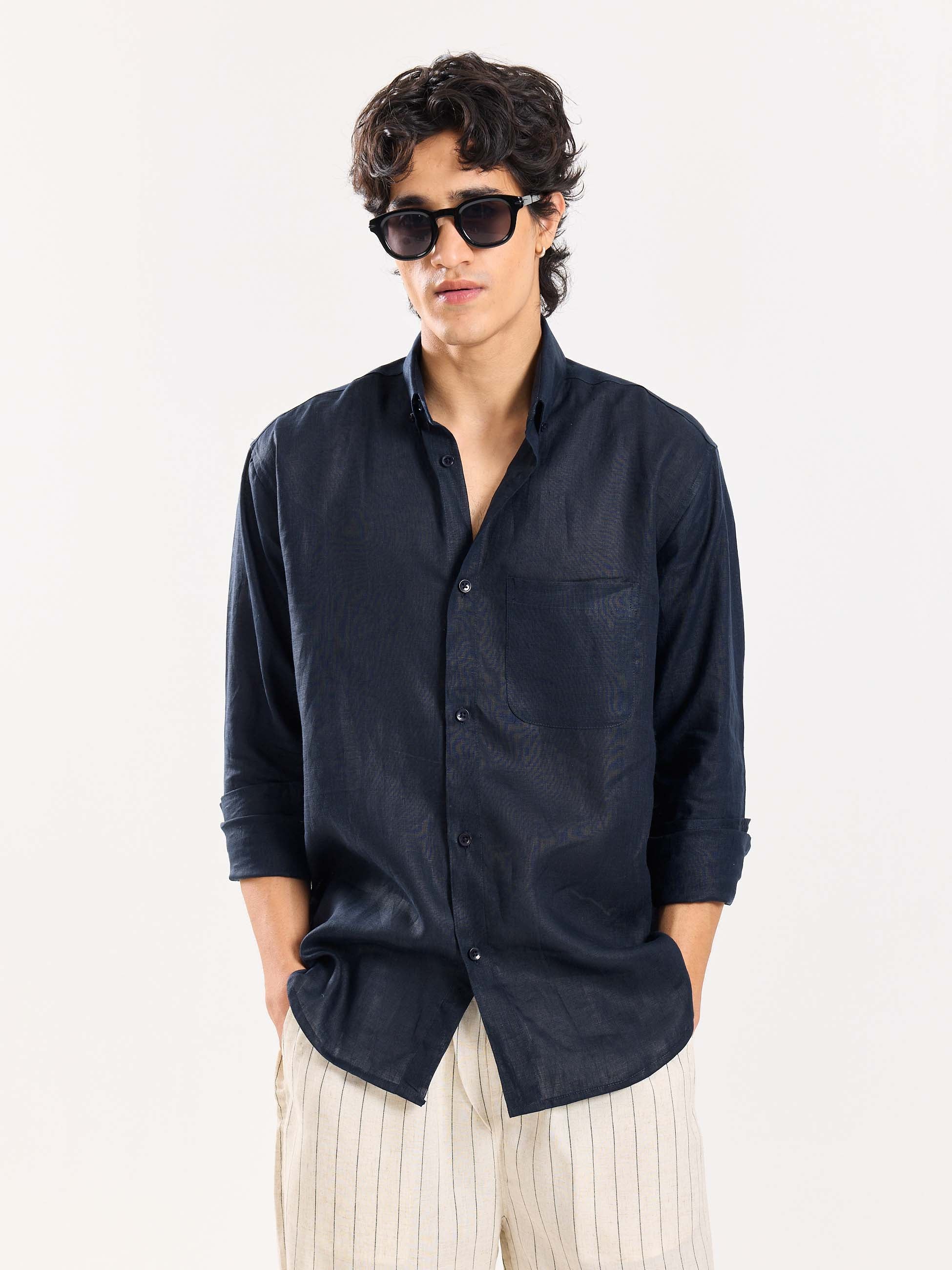 Dark Navy Irish Linen Shirt - Image 2
