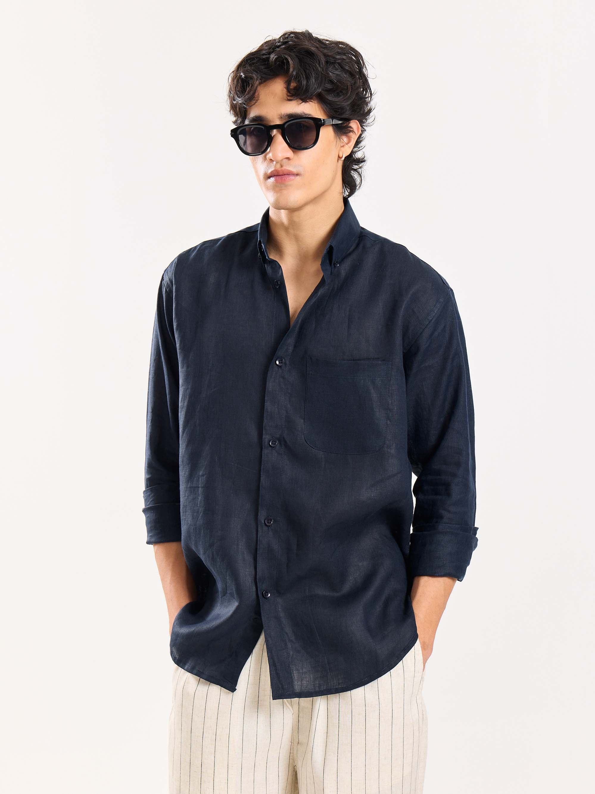 Dark Navy Irish Linen Shirt - Image 5