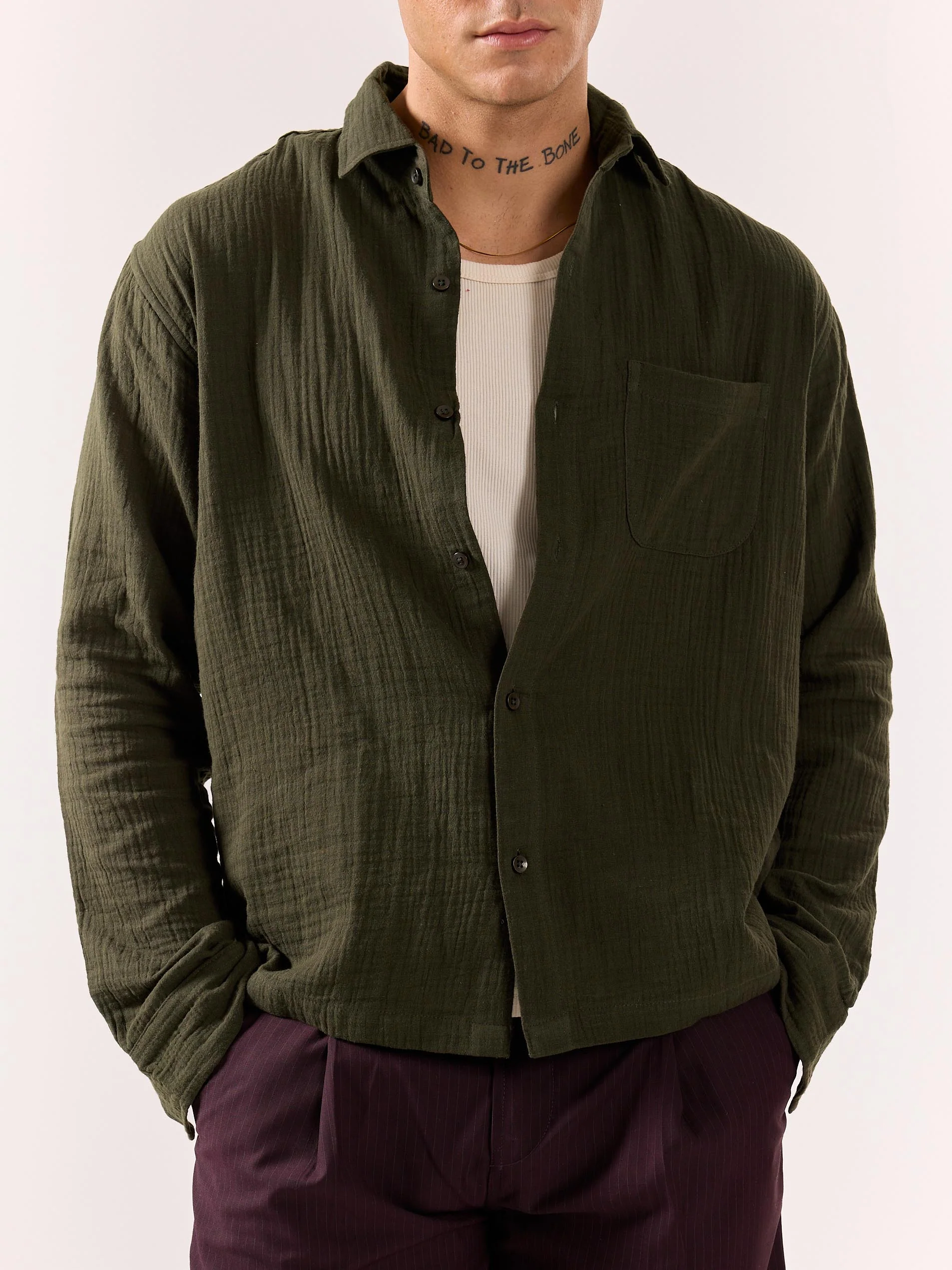 Dark Olive Gauze Holiday Shirt - Image 3