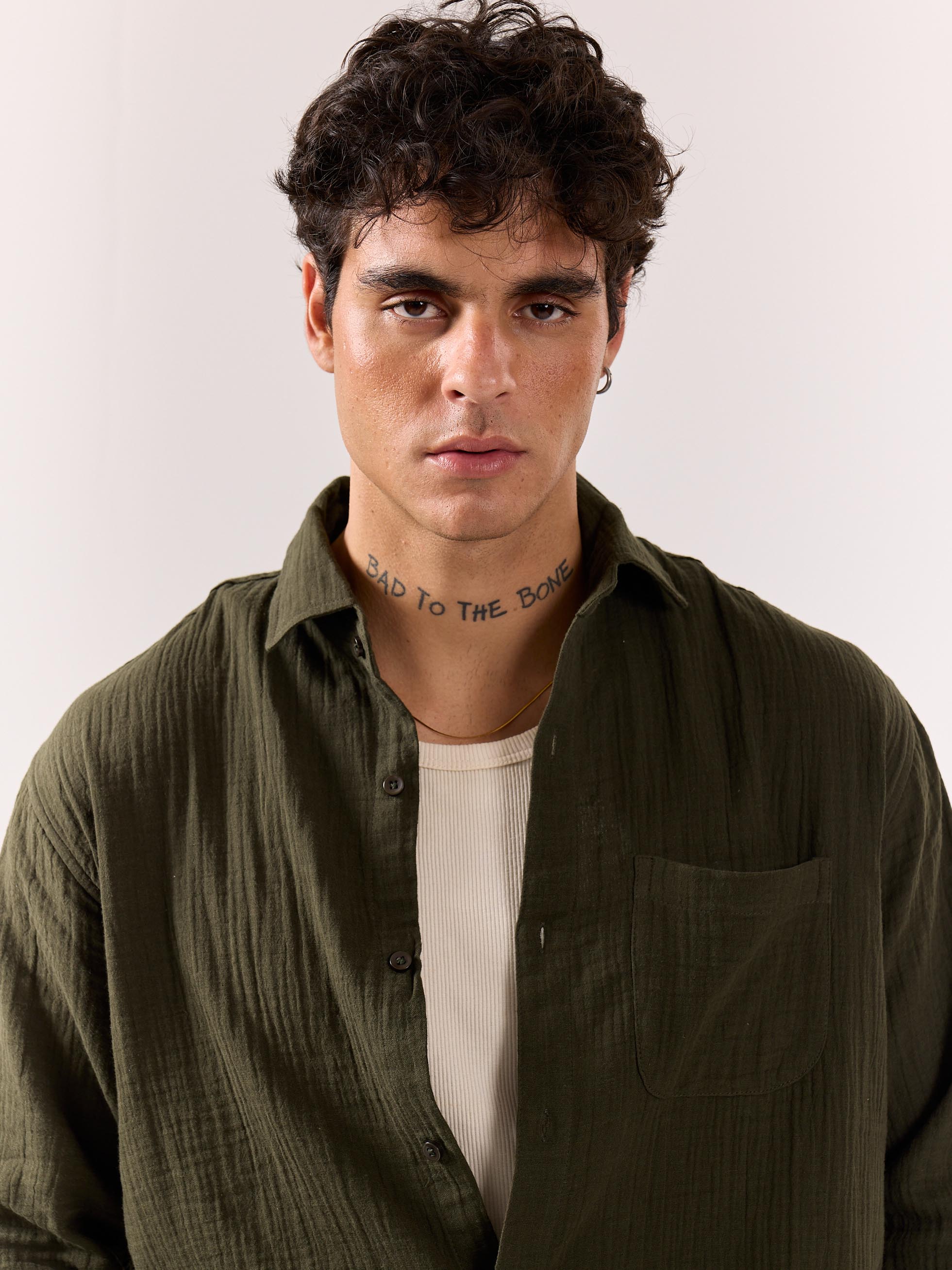 Dark Olive Gauze Holiday Shirt - Image 4