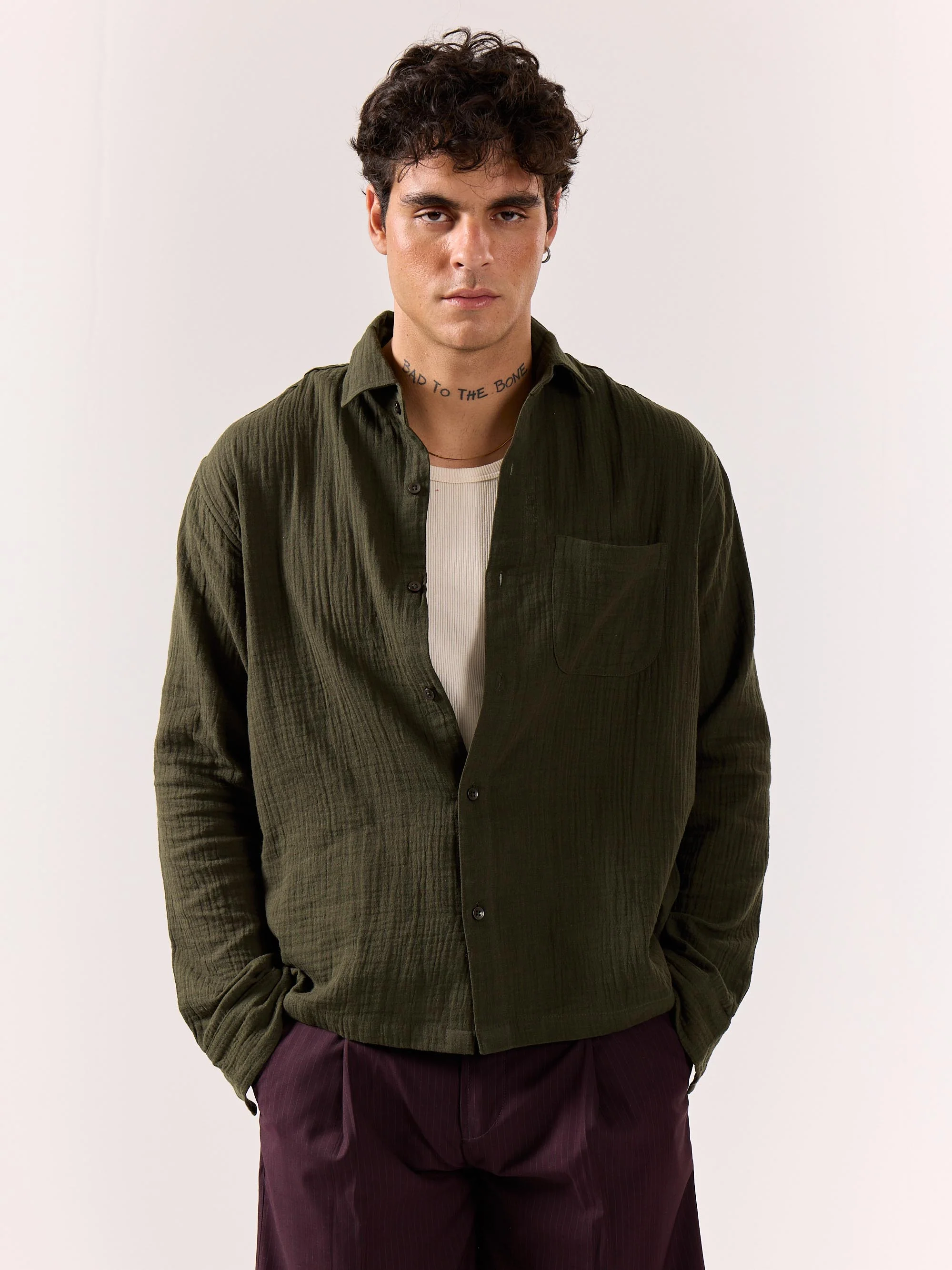 Dark Olive Gauze Holiday Shirt - Image 5