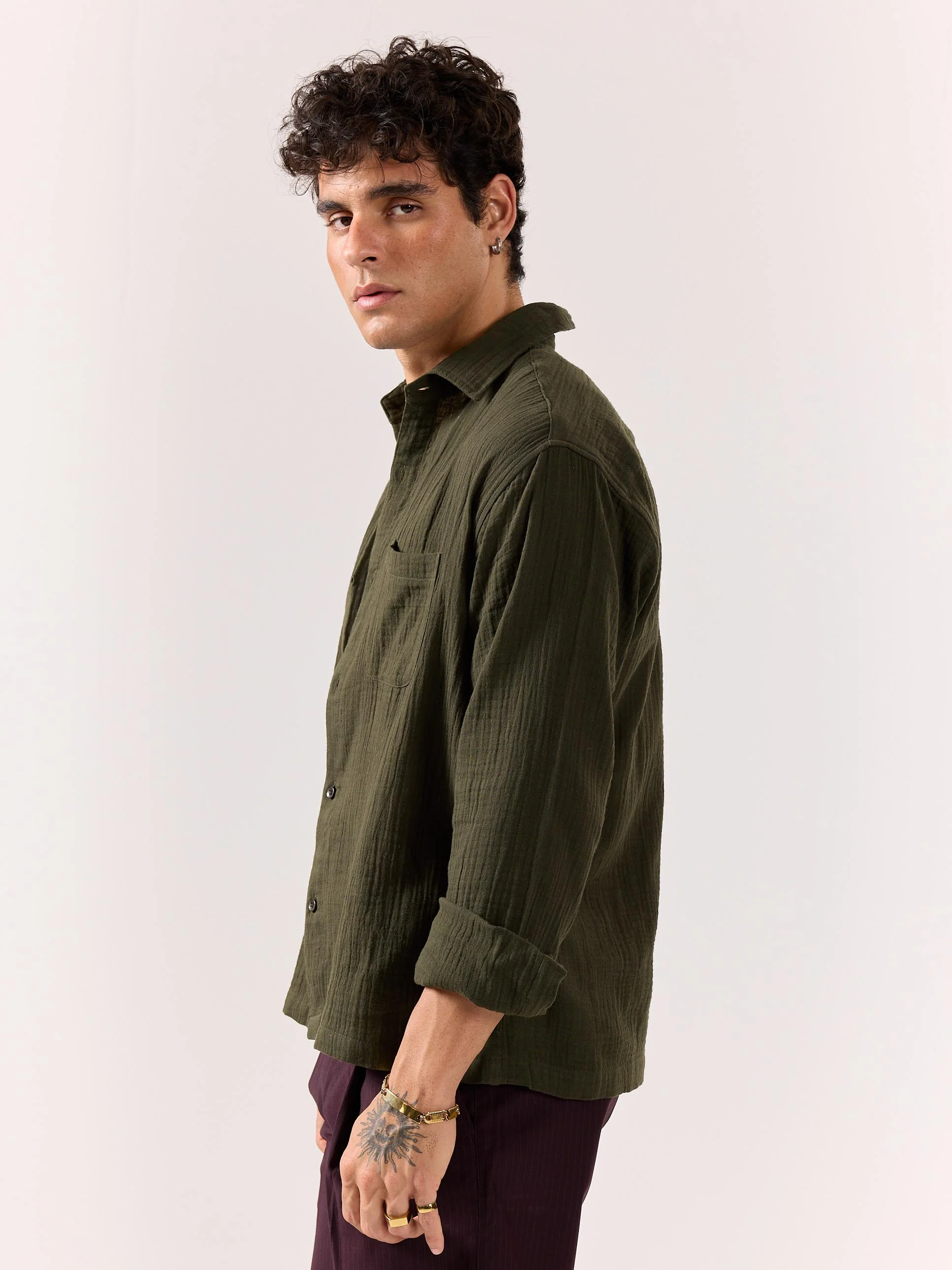 Dark Olive Gauze Holiday Shirt - Image 6