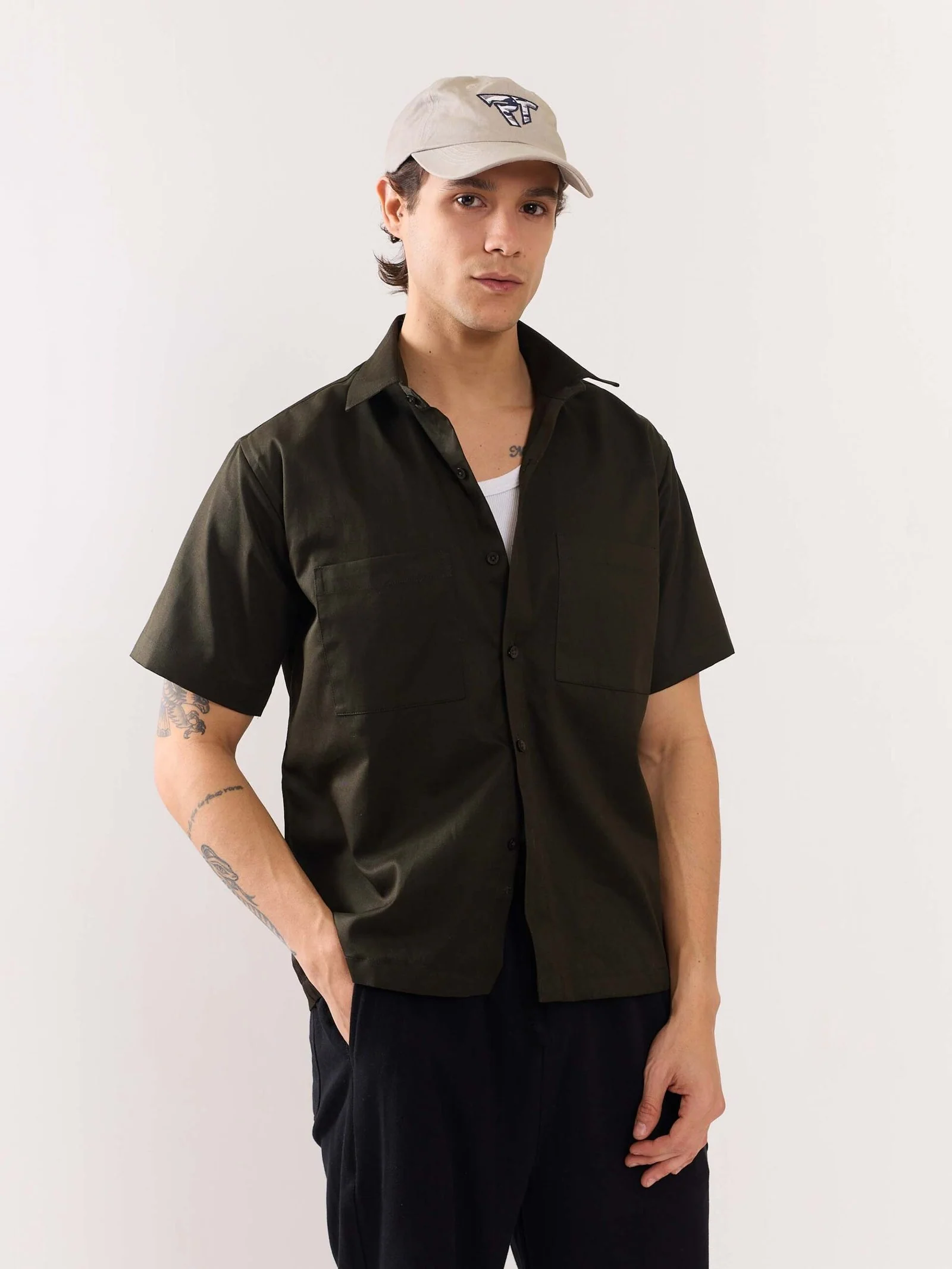 Dark Olive Twill Cropped Shirt - Image 5