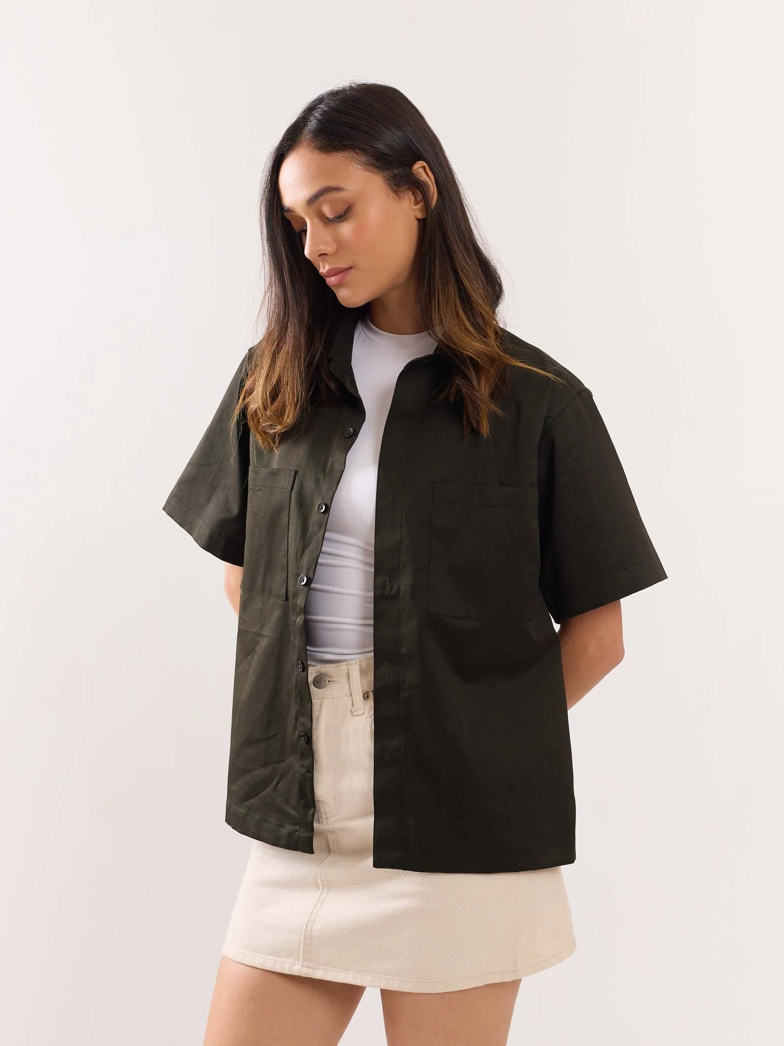 Dark Olive Twill Cropped Shirt - Image 6