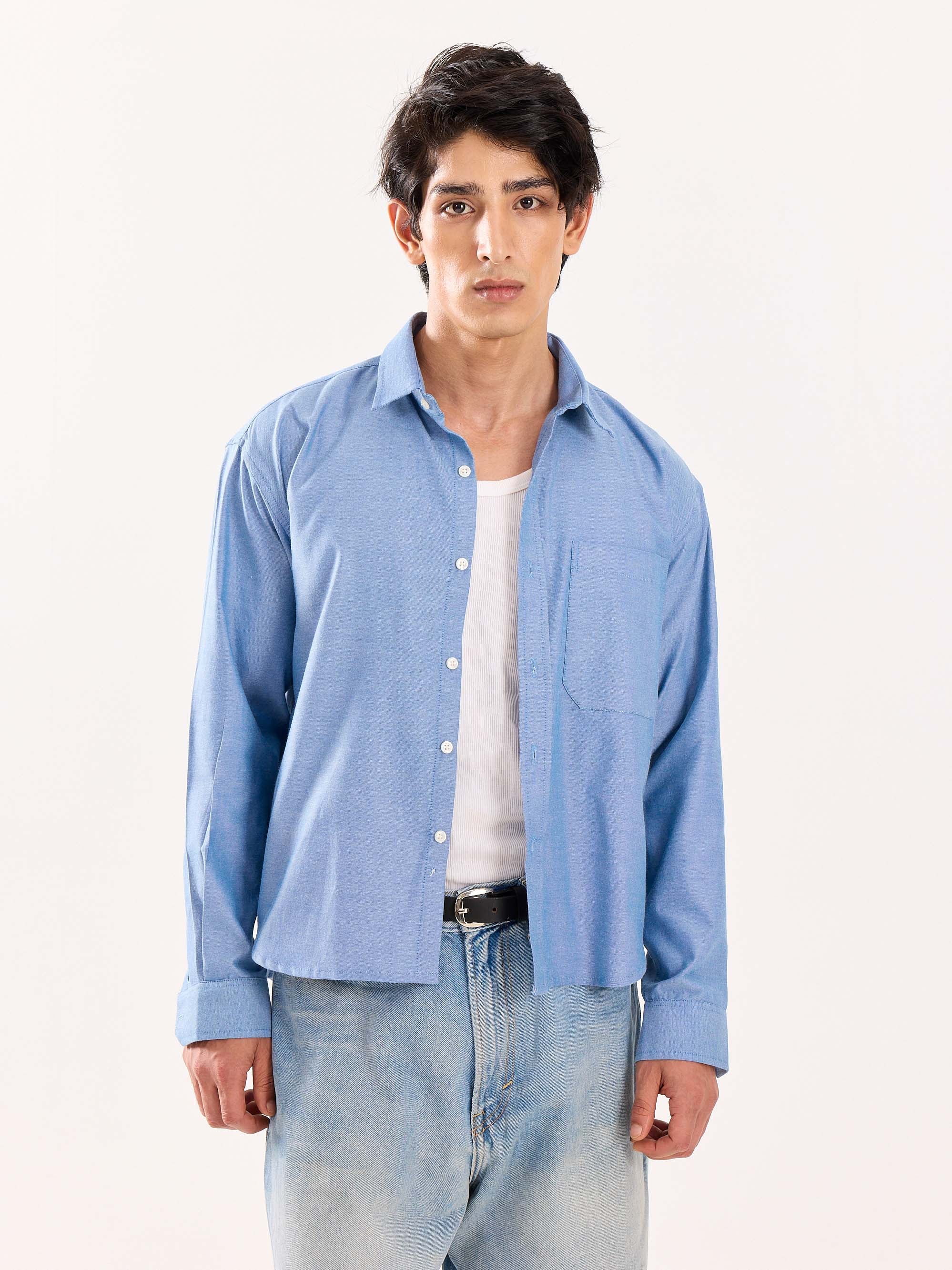 Denim Blue Oversized Cropped Shirt - Image 3