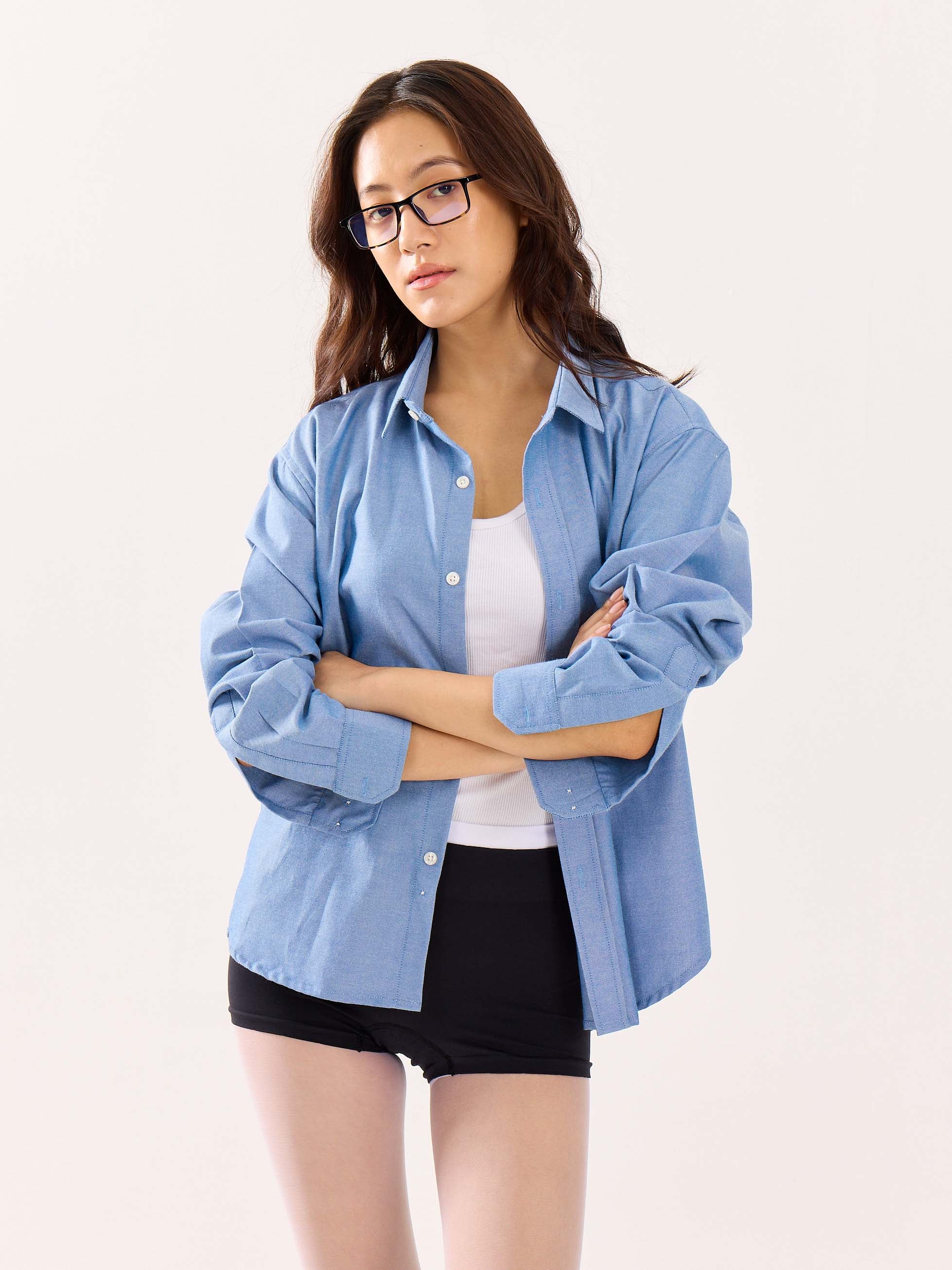 Denim Blue Oversized Cropped Shirt - Image 4