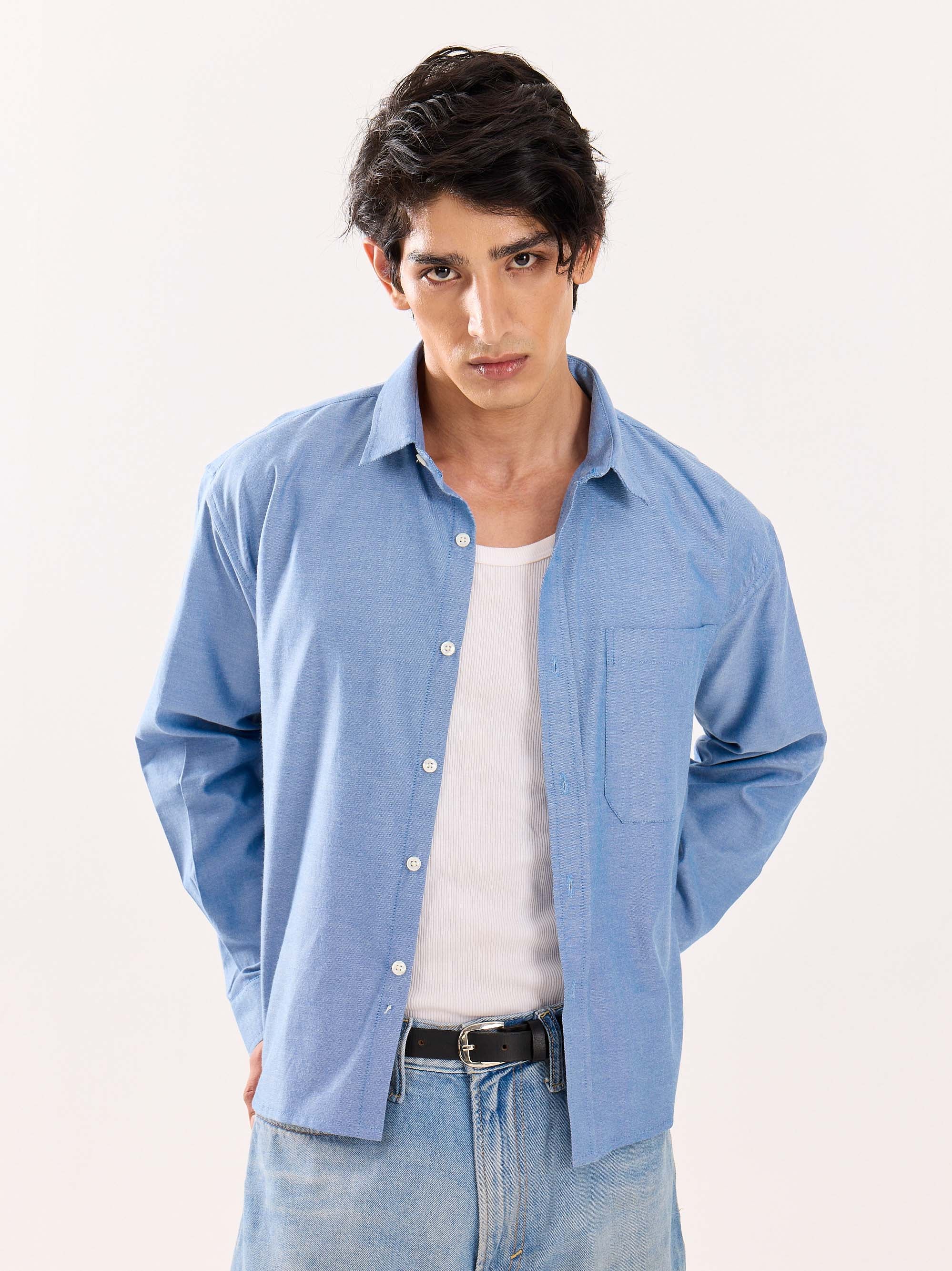 Denim Blue Oversized Cropped Shirt - Image 6