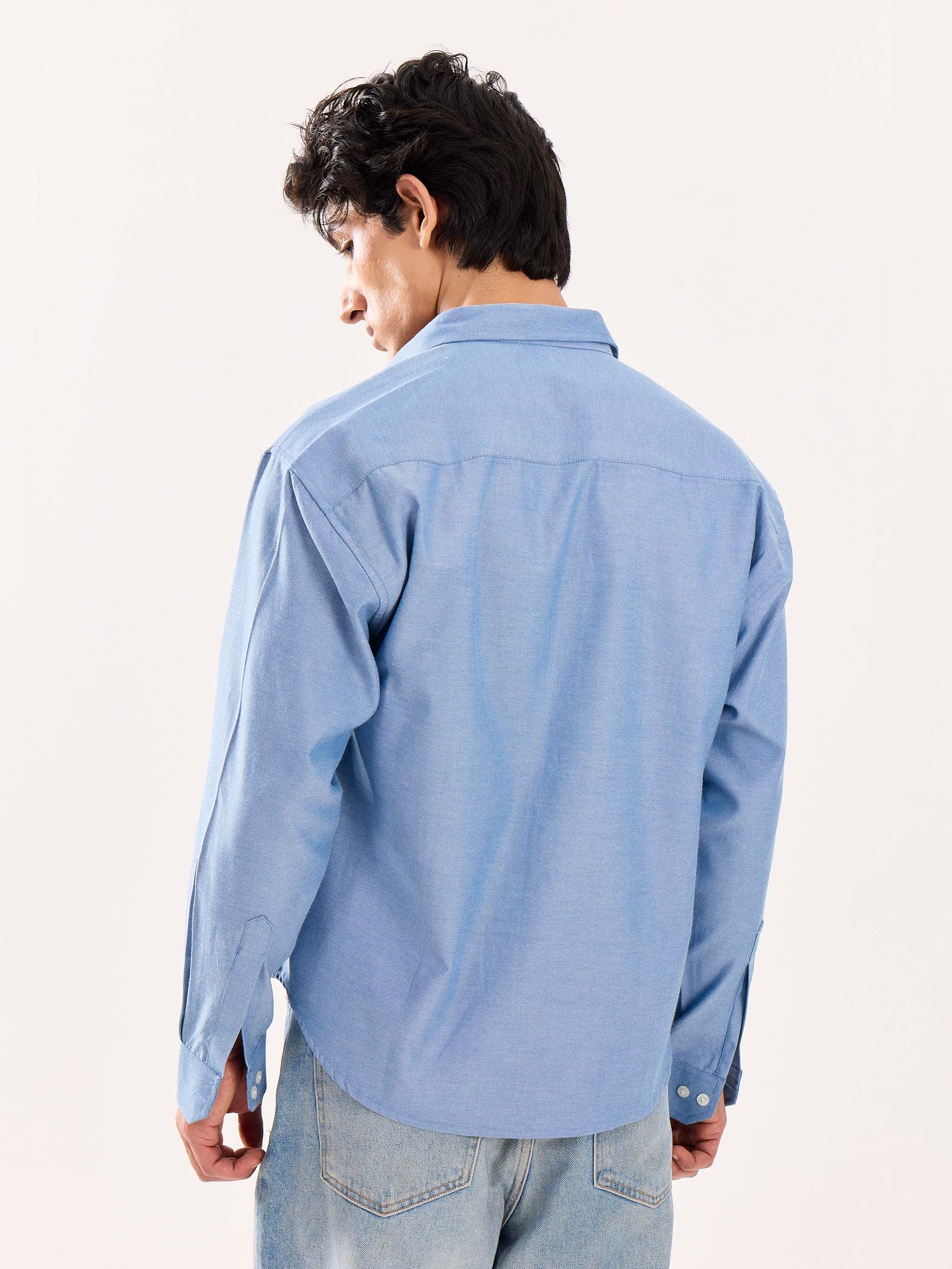 Denim Blue Oversized Cropped Shirt - Image 8