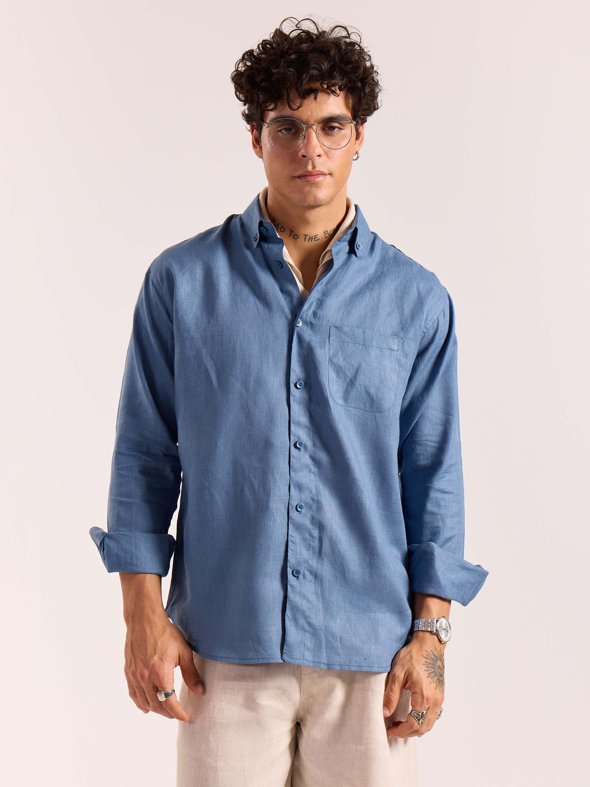 Dusty Blue 60s Lea Linen Shirt - Image 3