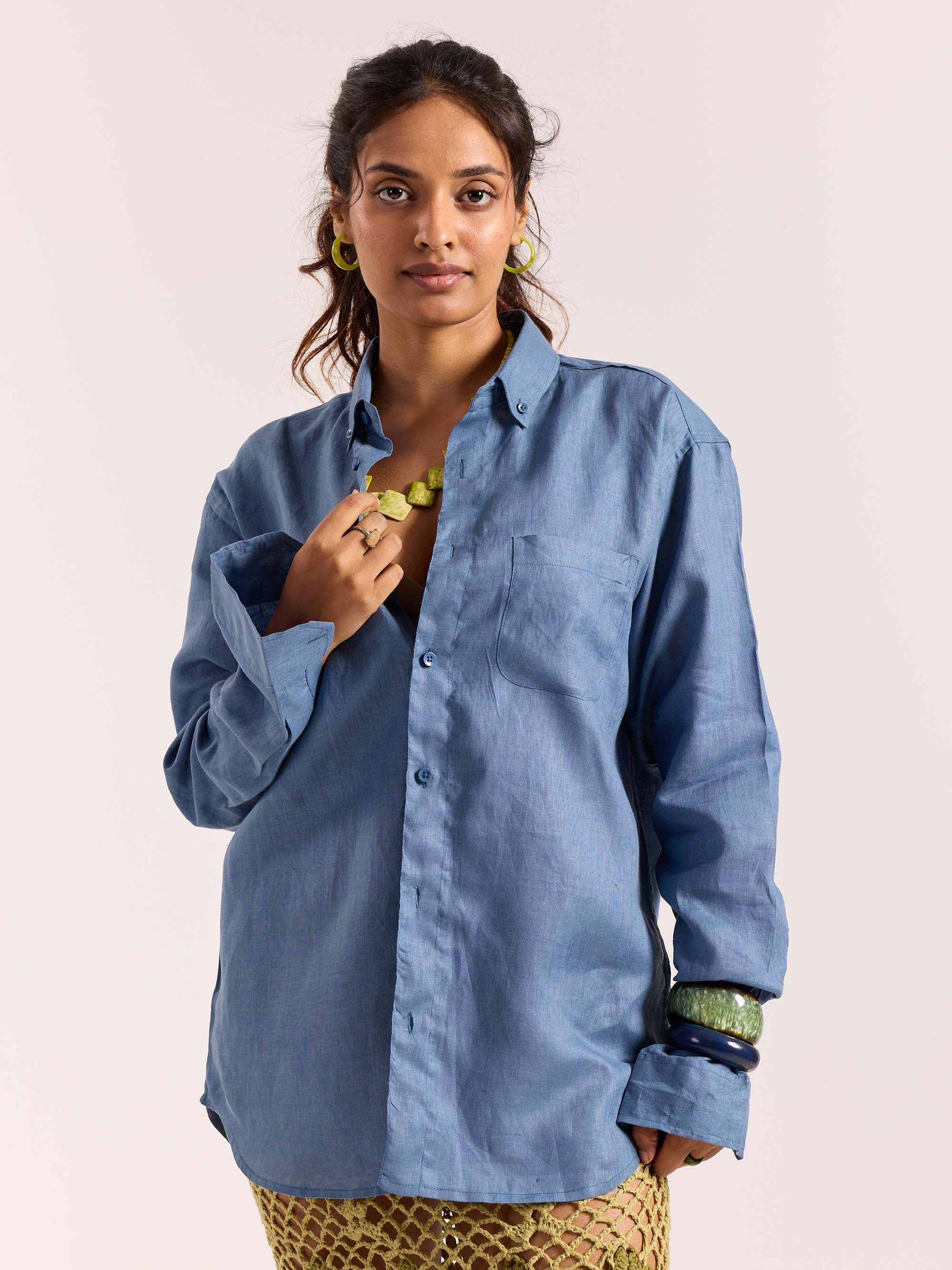 Dusty Blue 60s Lea Linen Shirt - Image 4