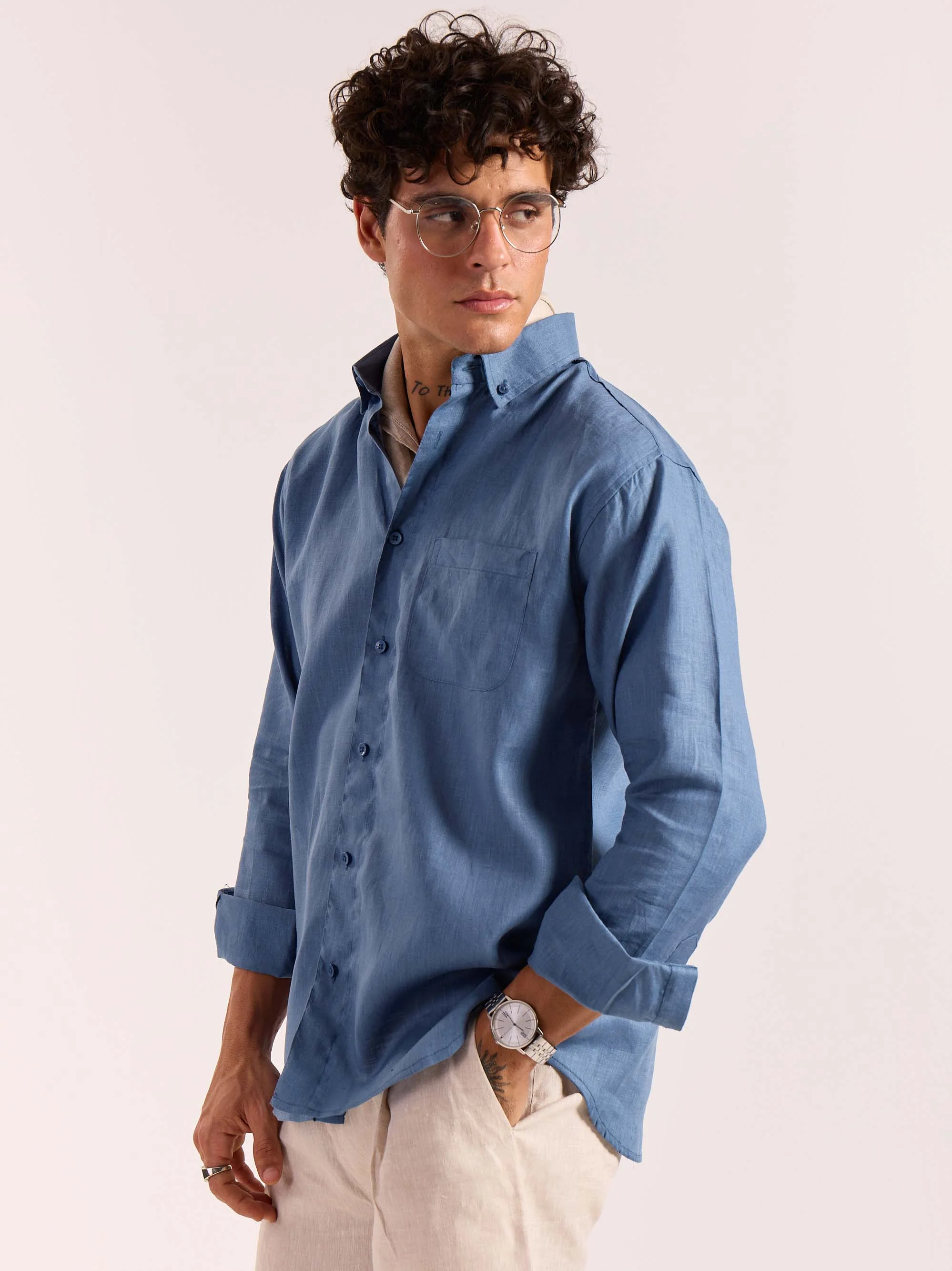 Dusty Blue 60s Lea Linen Shirt - Image 6