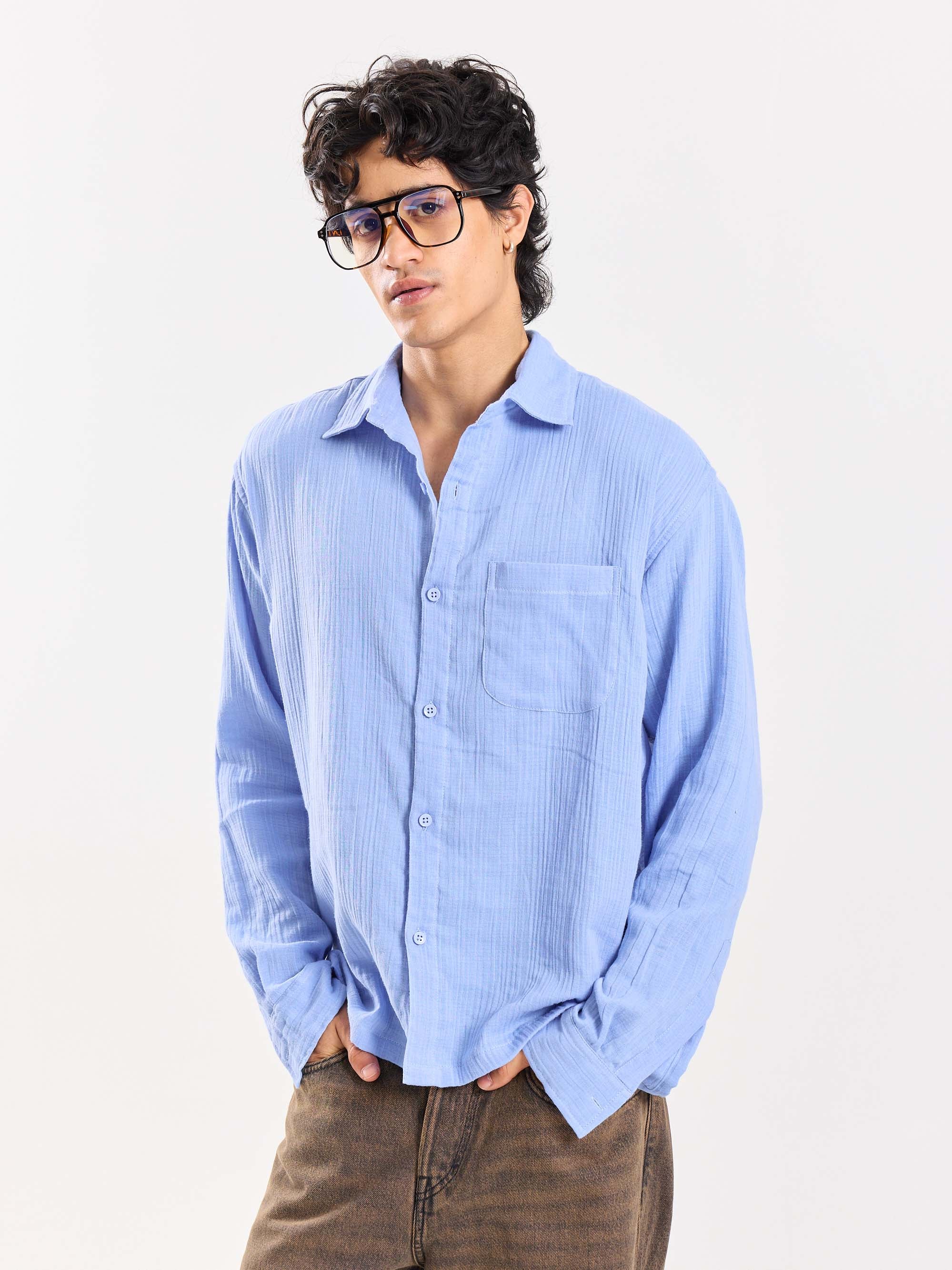 Dusty Blue Gauze Holiday Shirt - Image 4