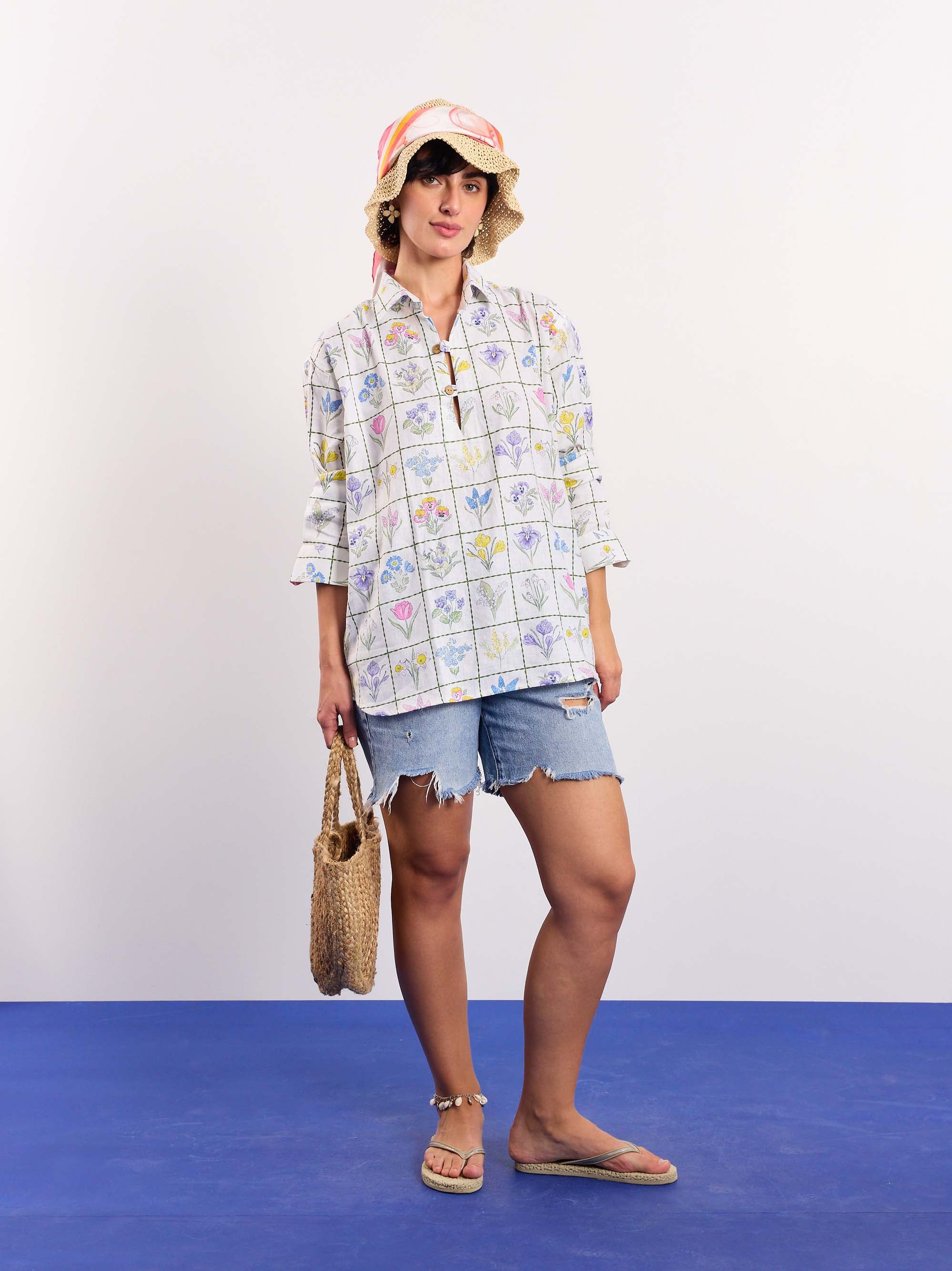Floral Checkered Printed Linen Pullover - Image 2