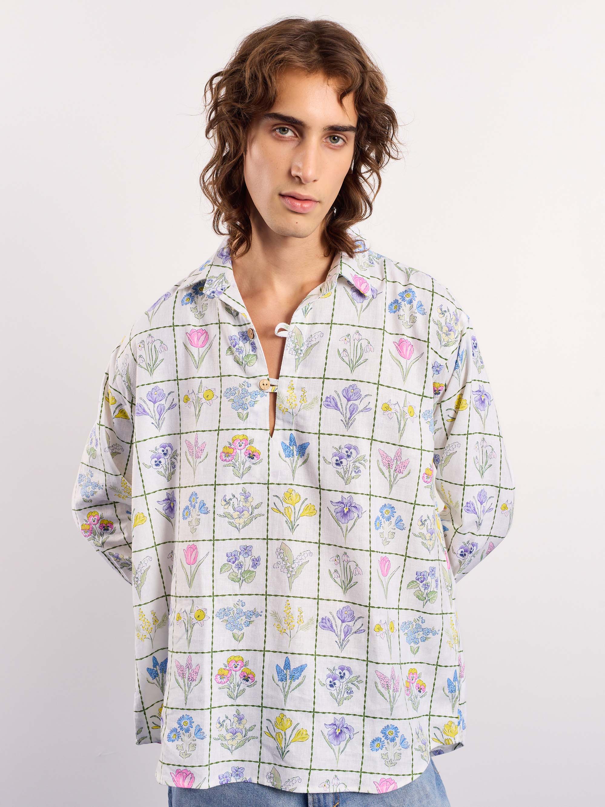 Floral Checkered Printed Linen Pullover - Image 3