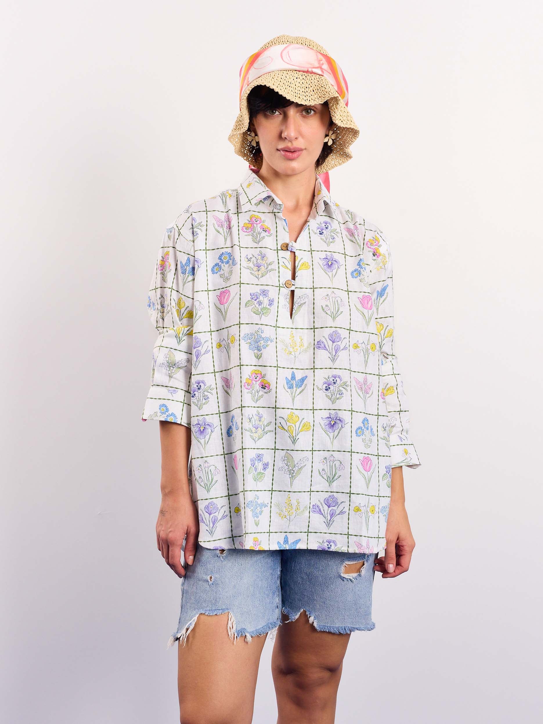 Floral Checkered Printed Linen Pullover - Image 4