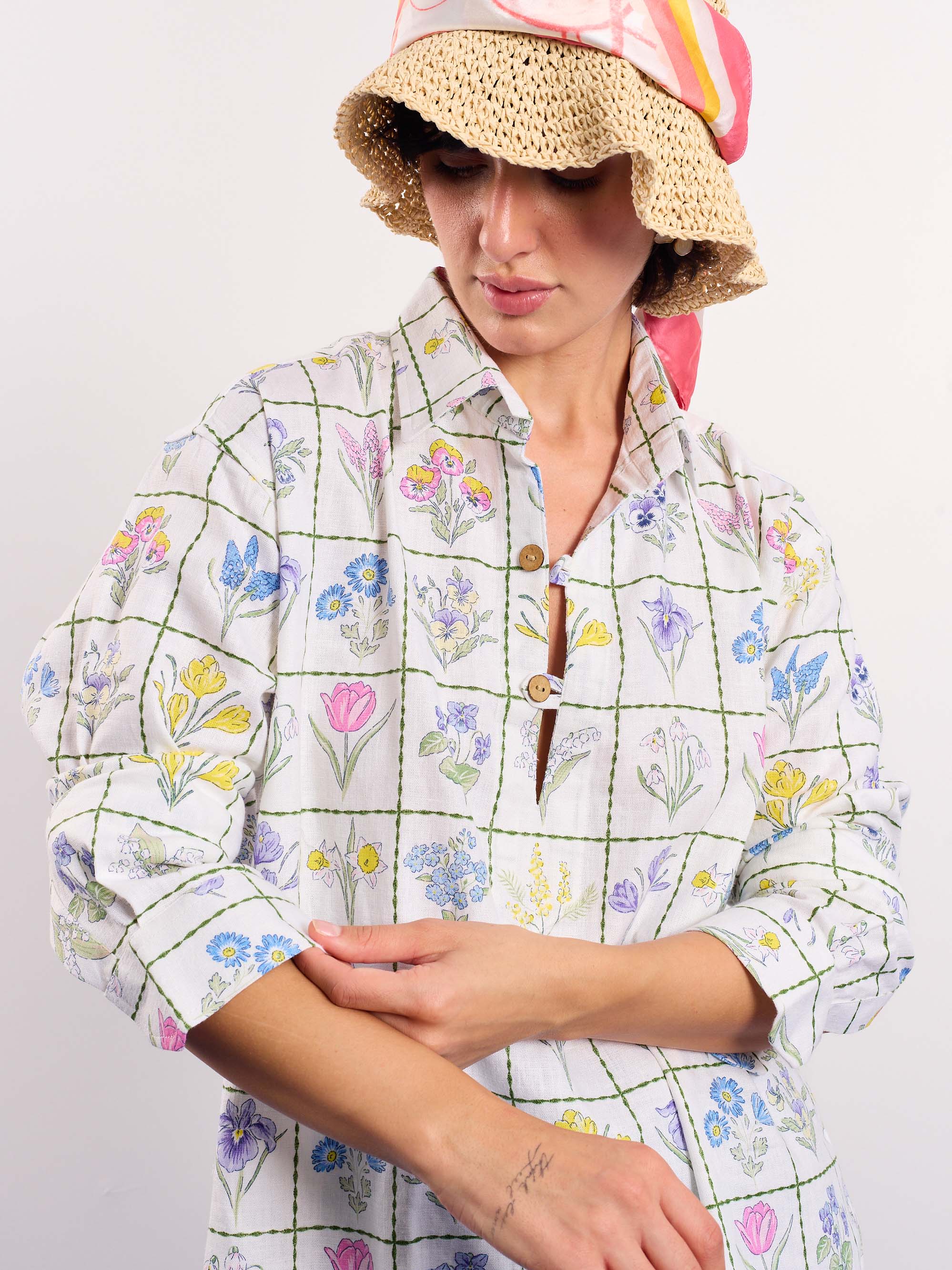 Floral Checkered Printed Linen Pullover - Image 6