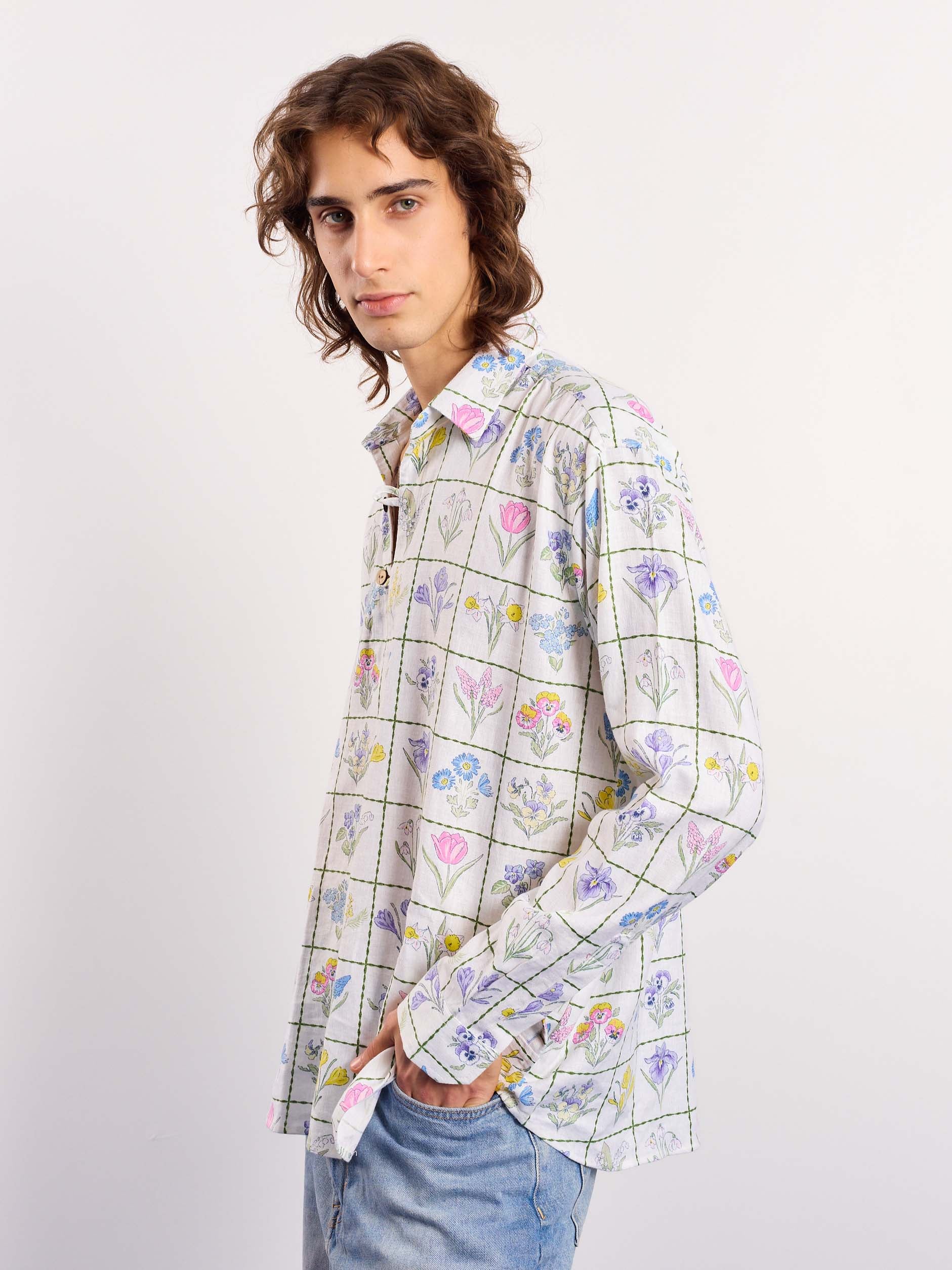 Floral Checkered Printed Linen Pullover - Image 7