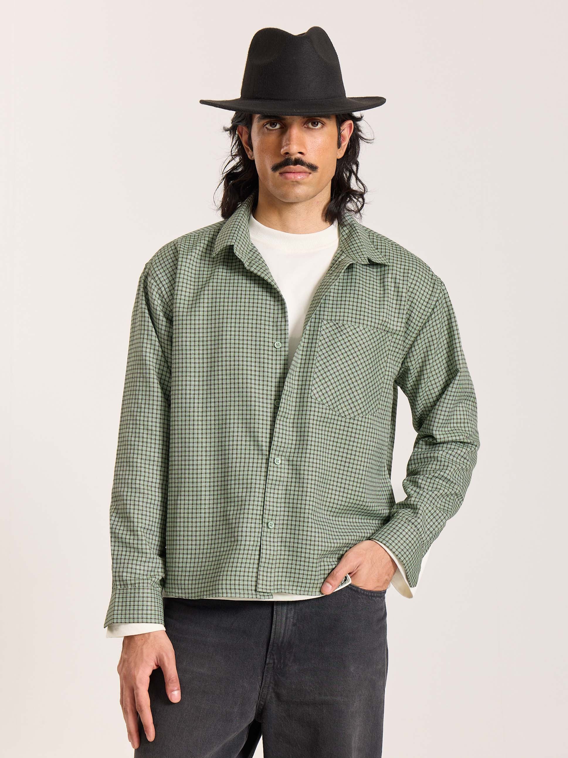 Green Checkered Oversized Cropped Shirt - Image 3