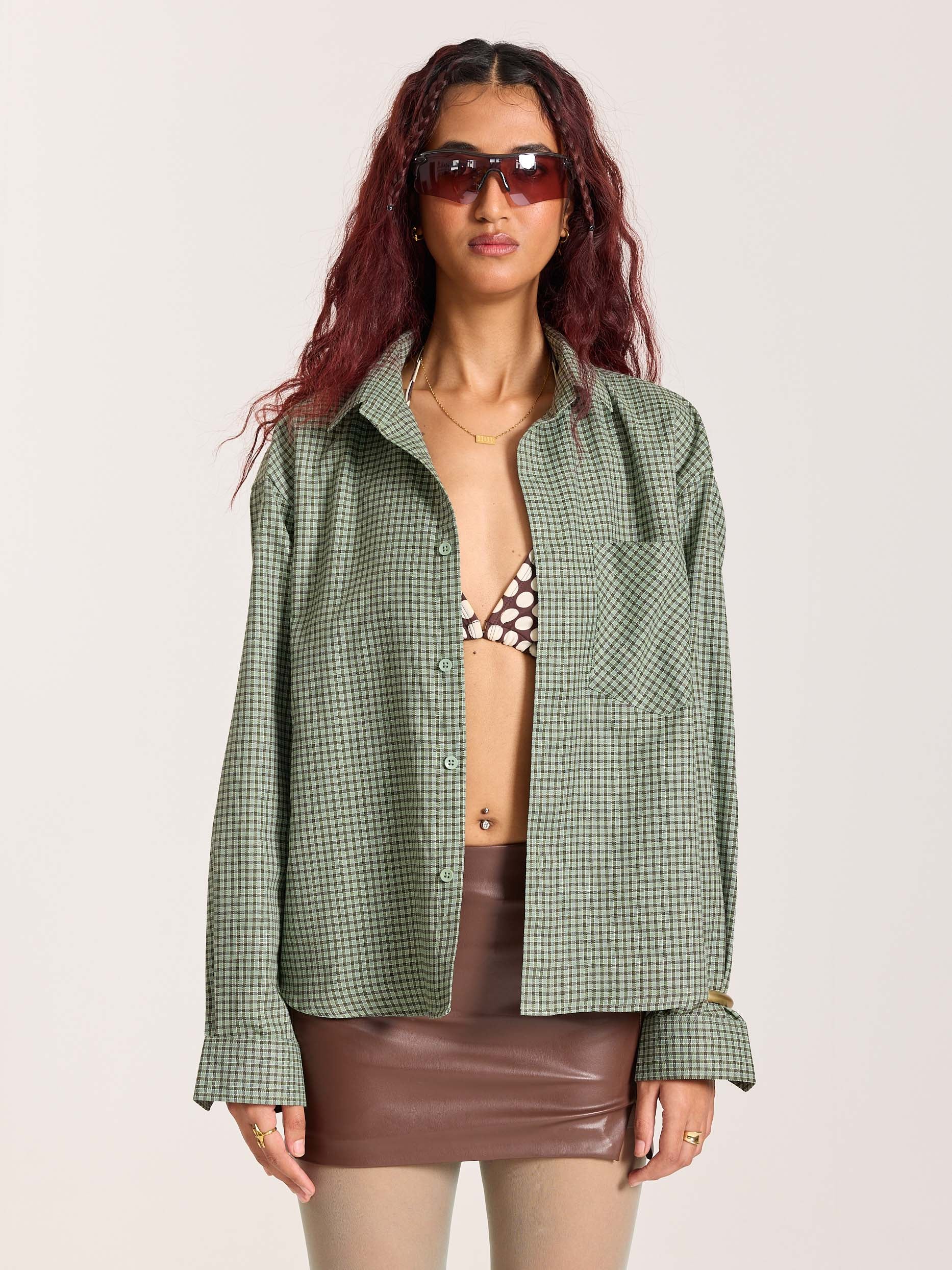 Green Checkered Oversized Cropped Shirt - Image 4