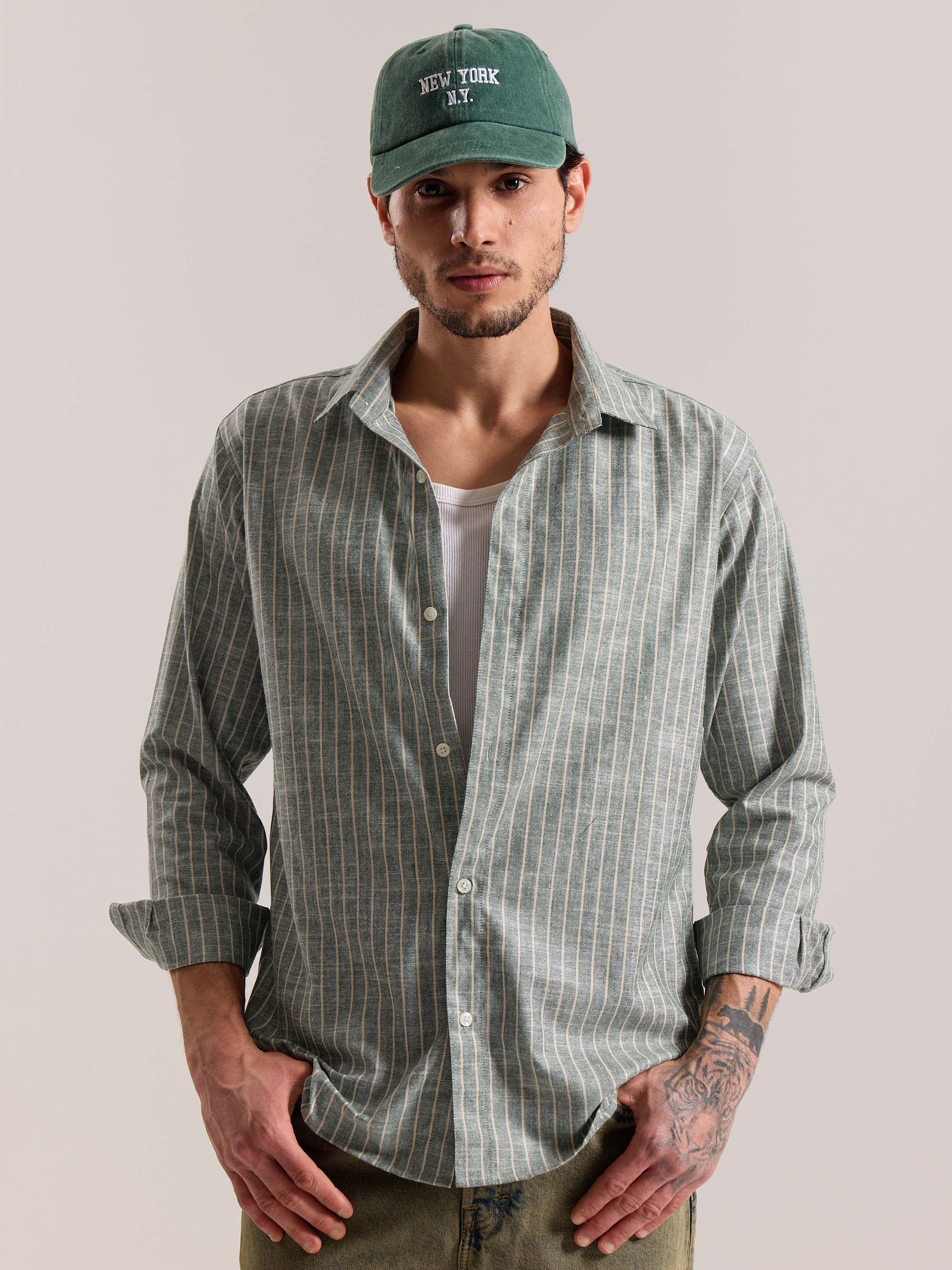 Green Striped Linen-blend Shirt - Image 3