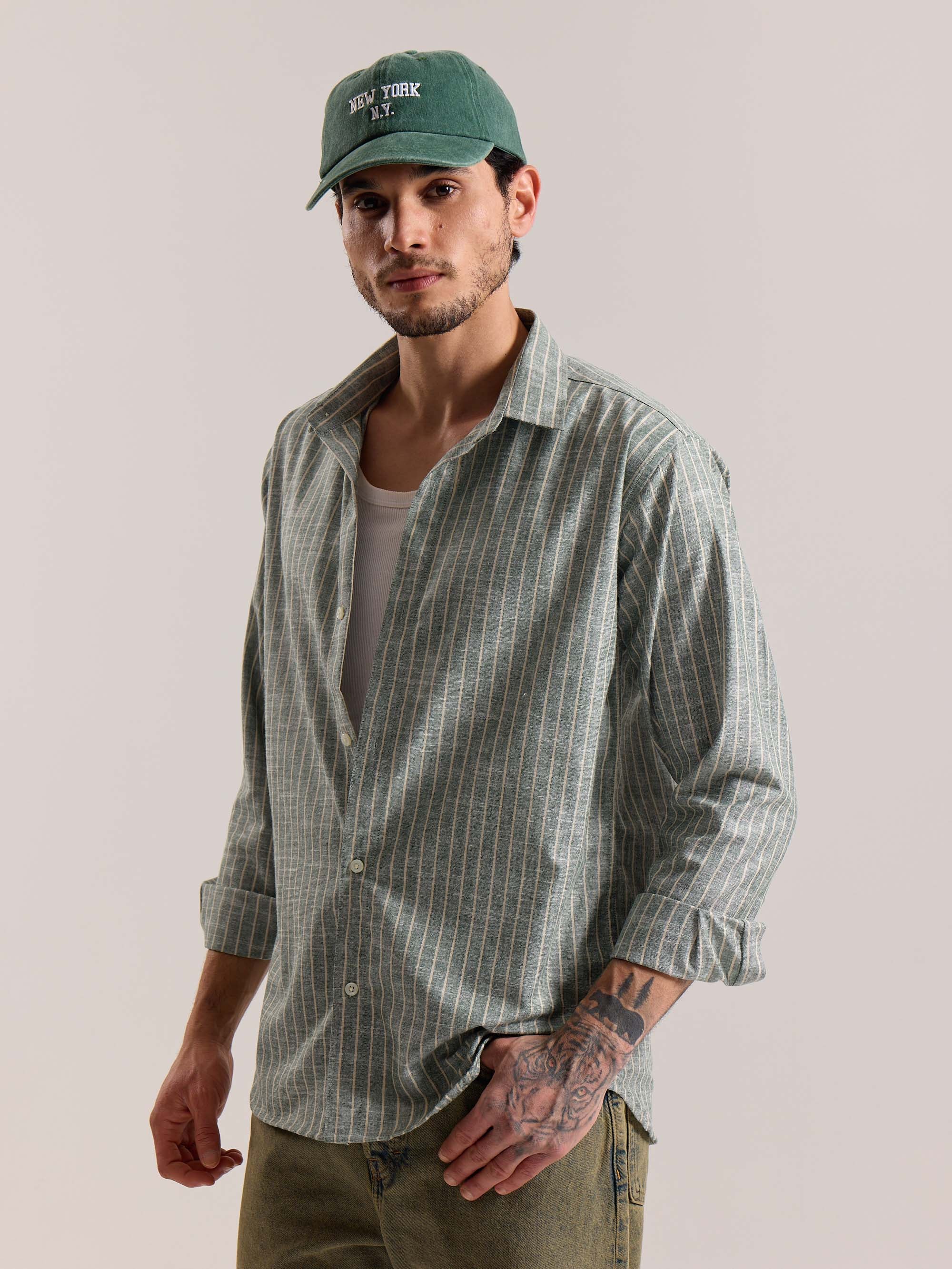 Green Striped Linen-blend Shirt - Image 6