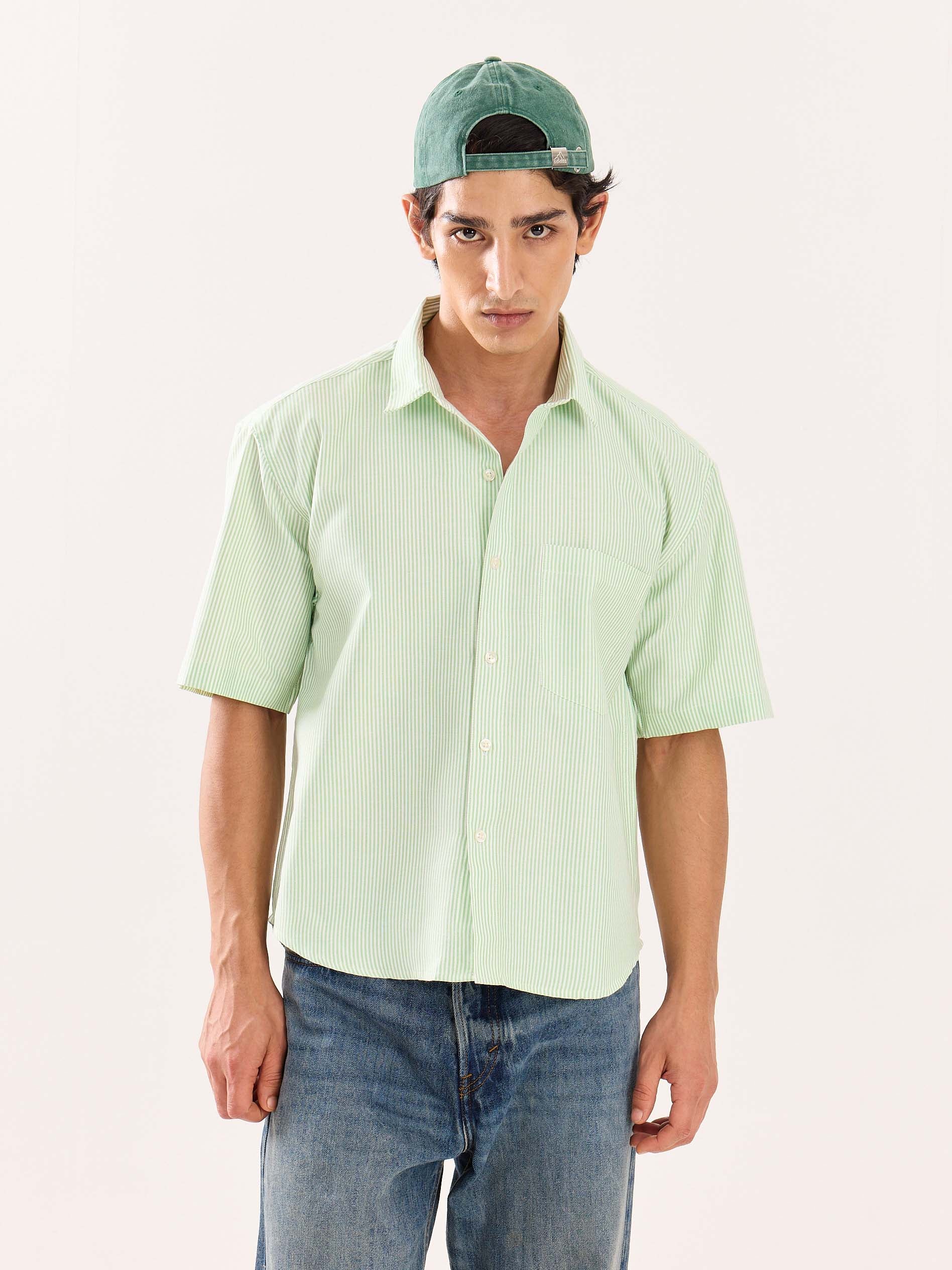Green Striped Oversized Cropped Shirt - Image 3