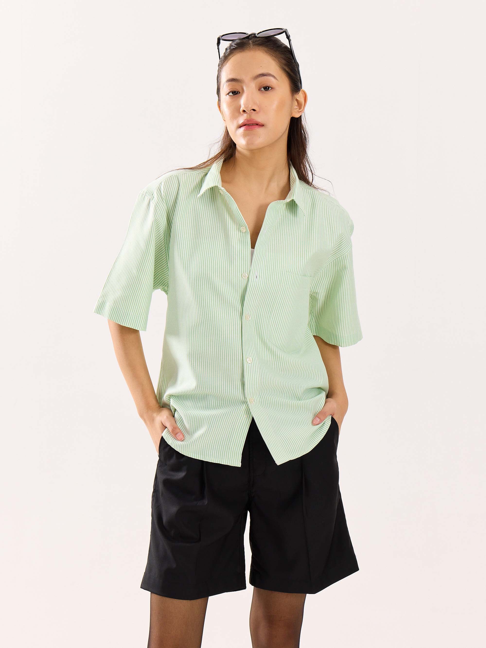 Green Striped Oversized Cropped Shirt - Image 4