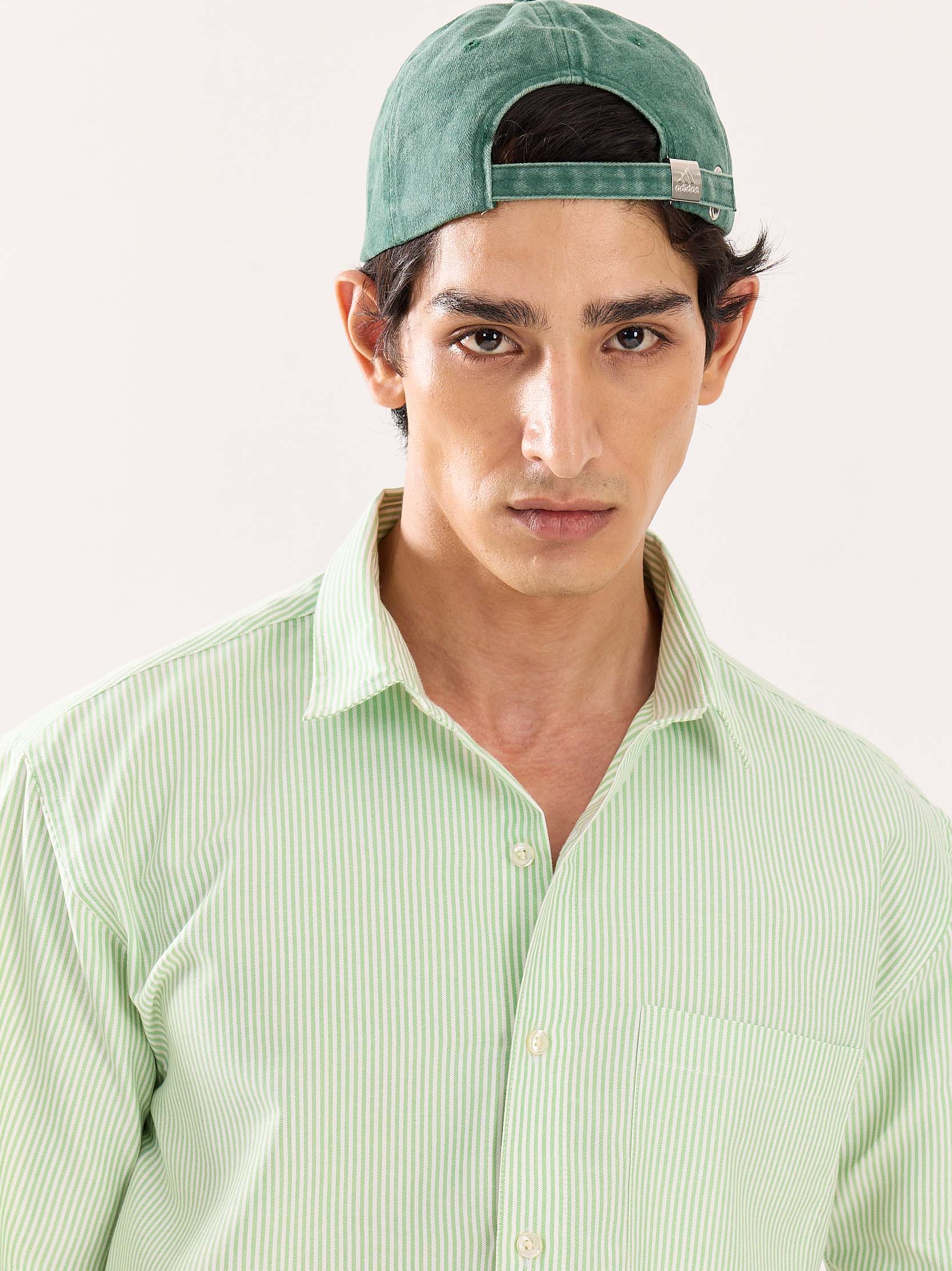 Green Striped Oversized Cropped Shirt - Image 5