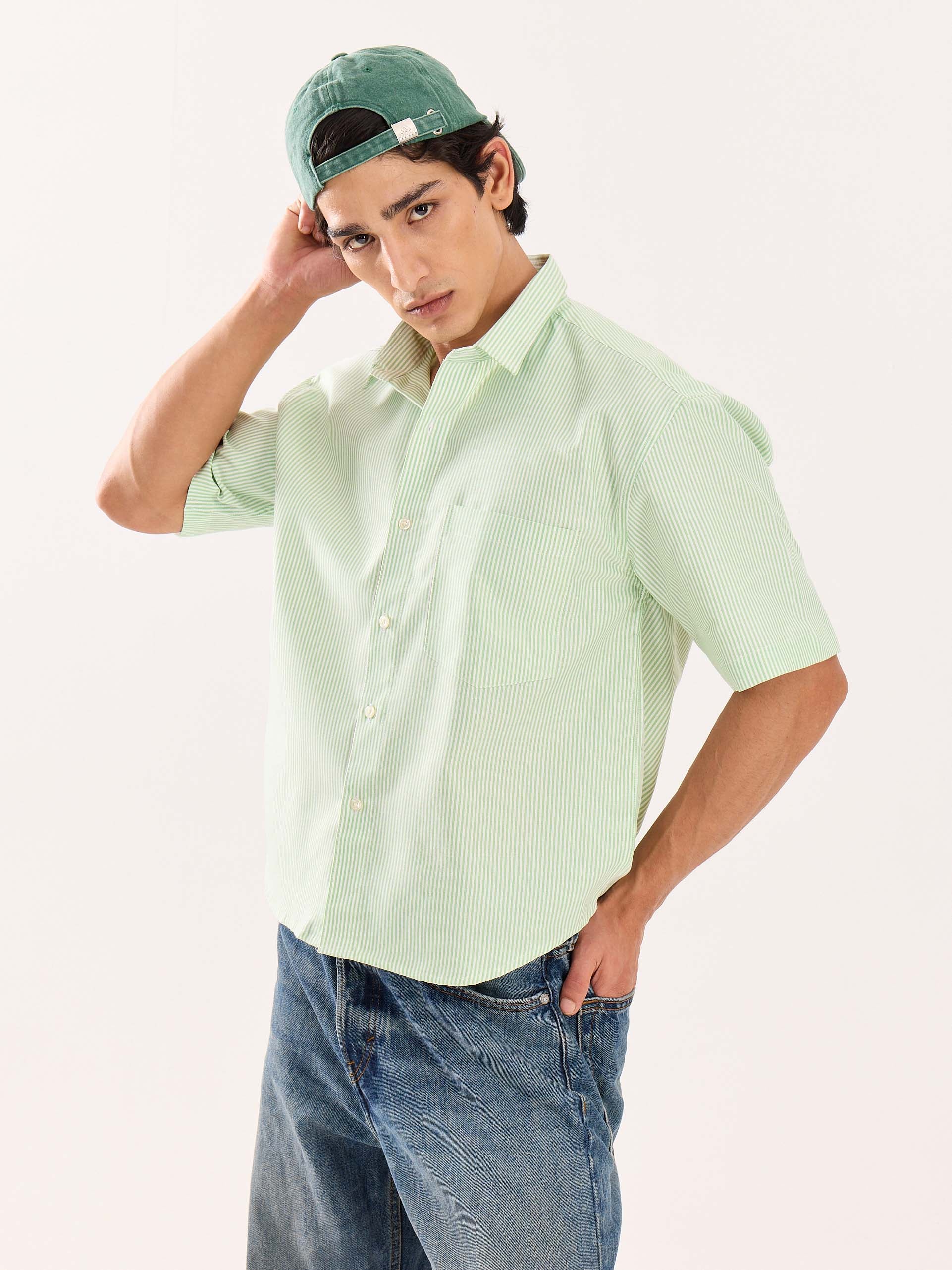 Green Striped Oversized Cropped Shirt - Image 6