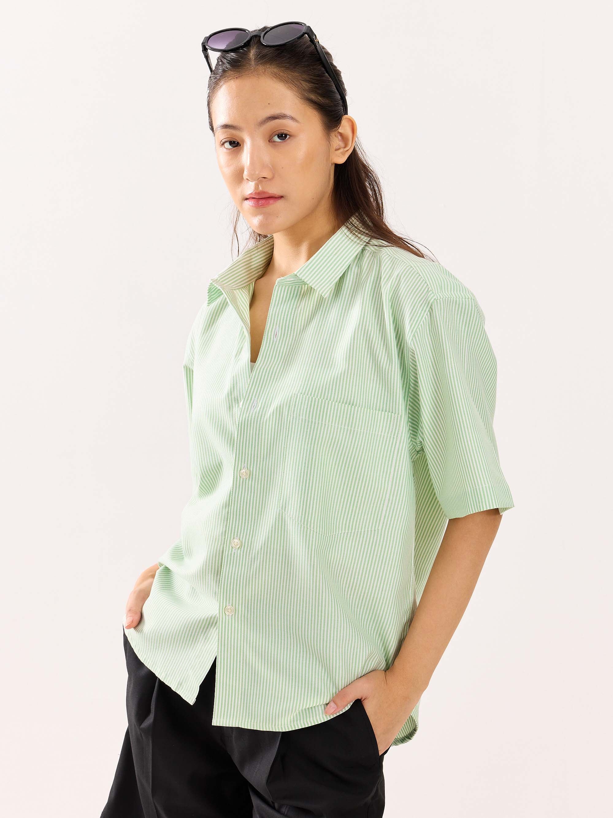 Green Striped Oversized Cropped Shirt - Image 7