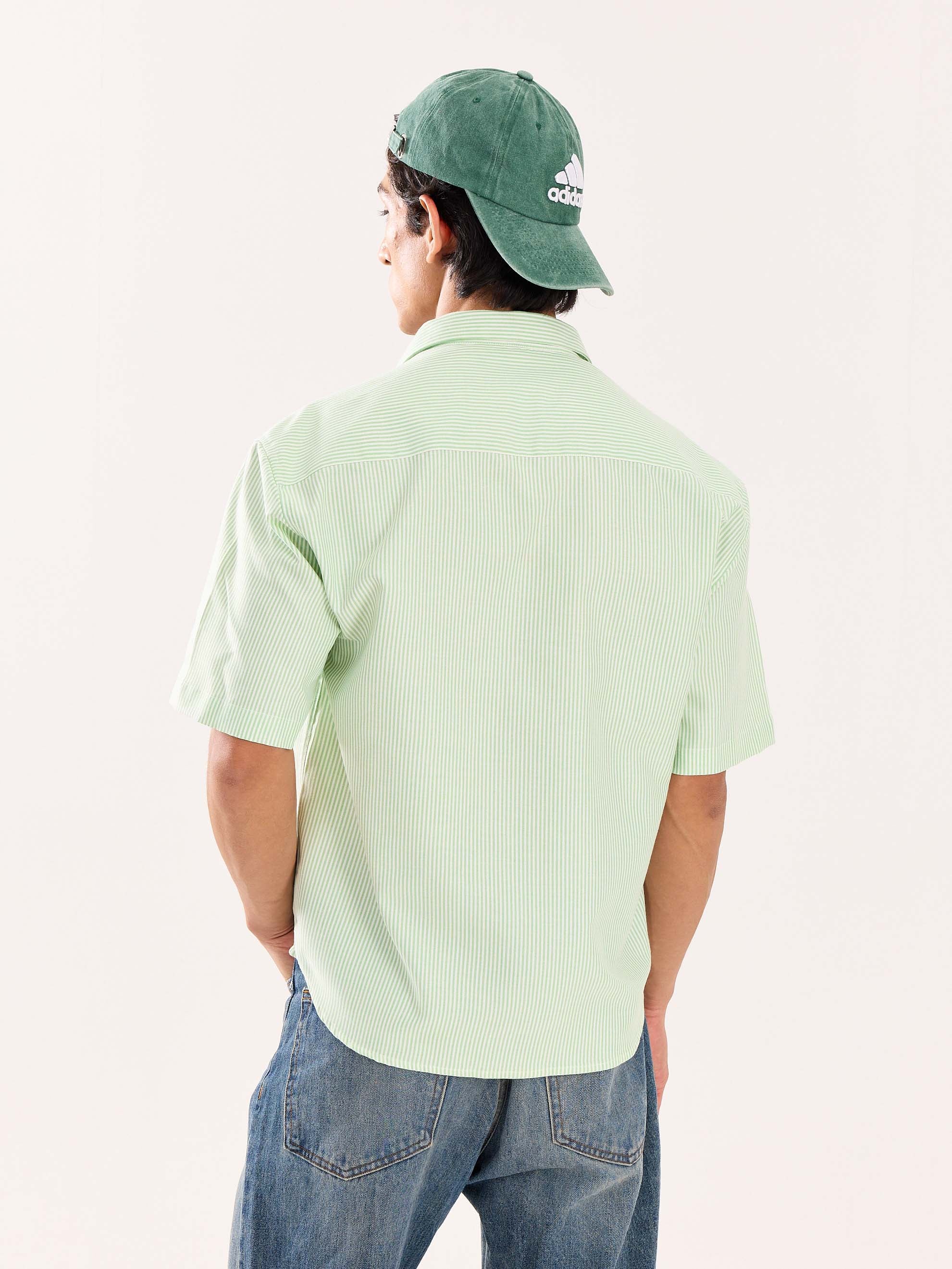 Green Striped Oversized Cropped Shirt - Image 8