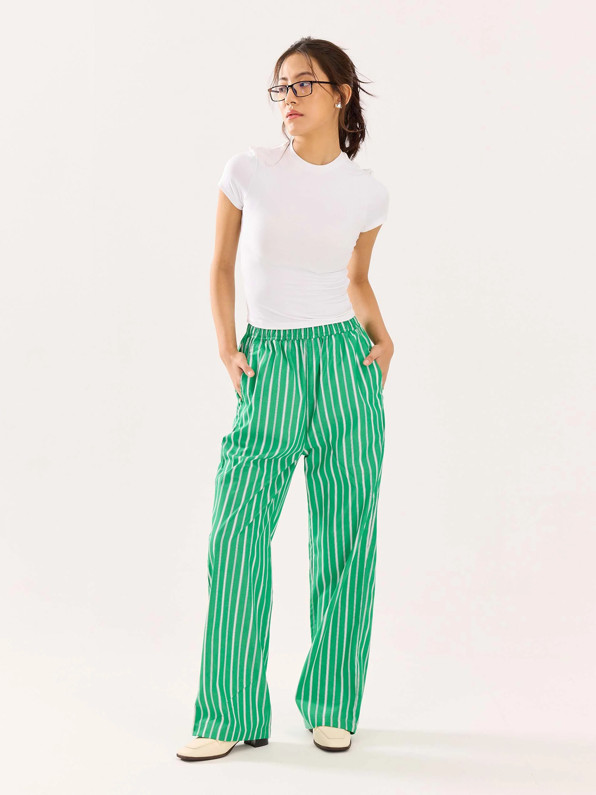 Green Striped Poplin Pull-on Pants - Image 2