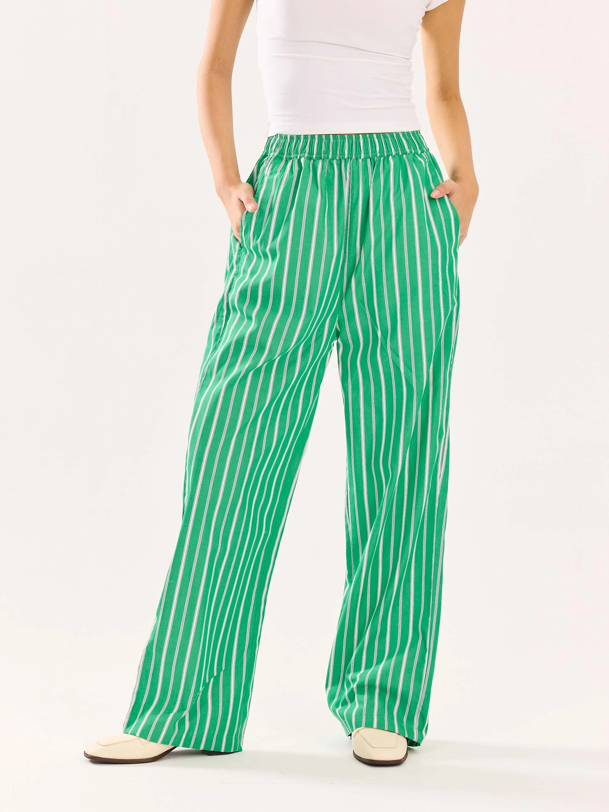 Green Striped Poplin Pull-on Pants - Image 4