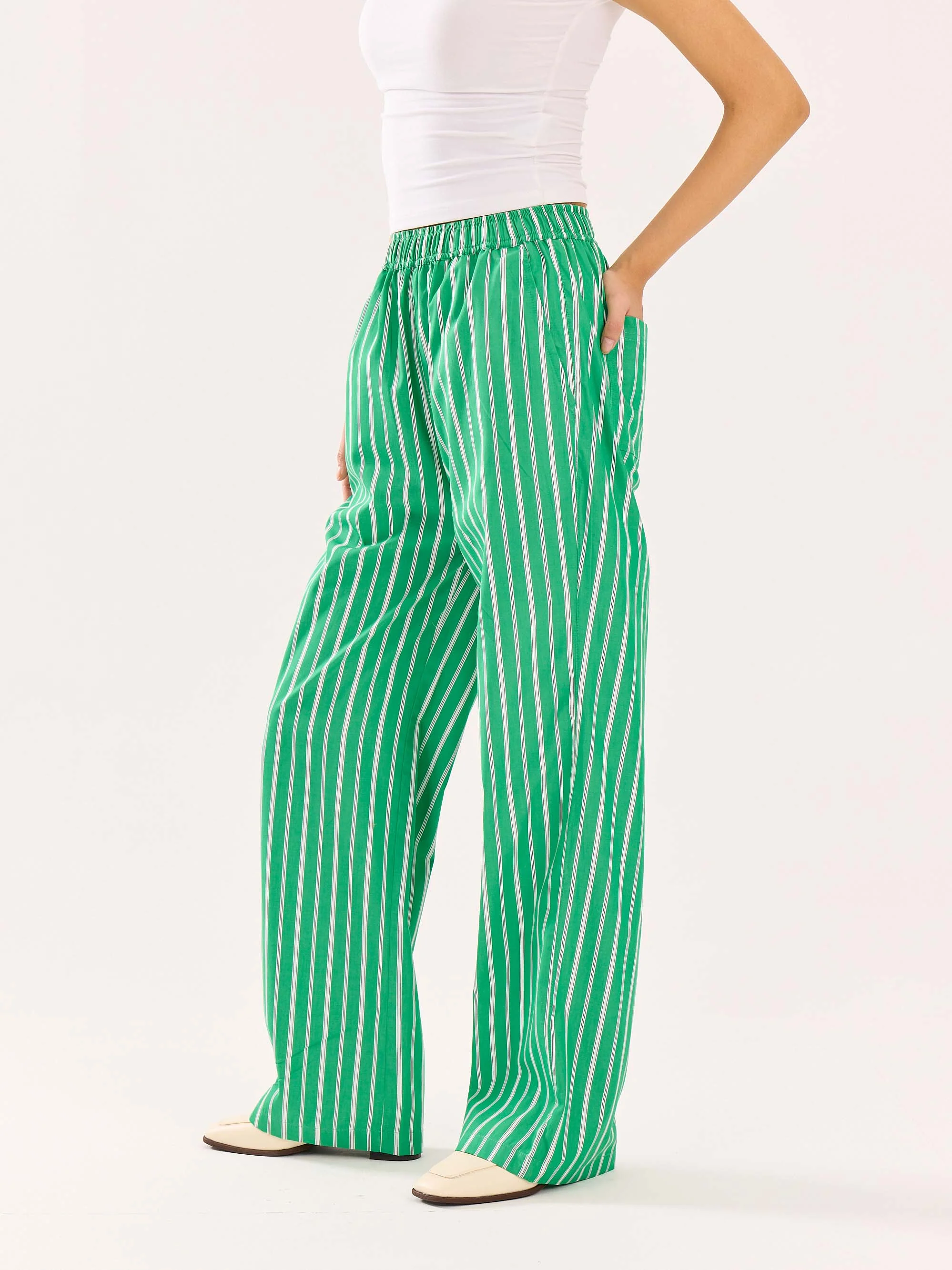 Green Striped Poplin Pull-on Pants - Image 6