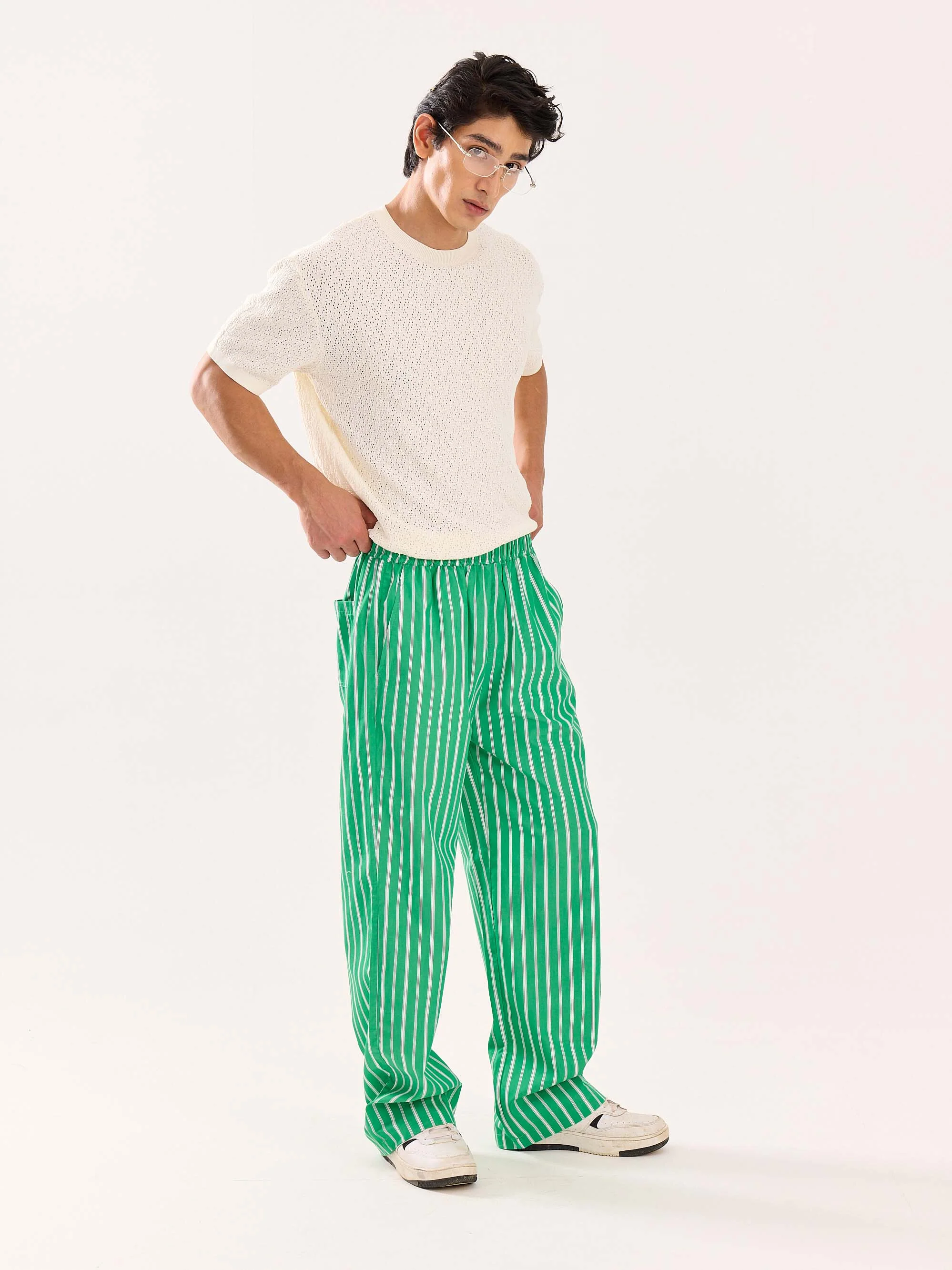 Green Striped Poplin Pull-on Pants - Image 7