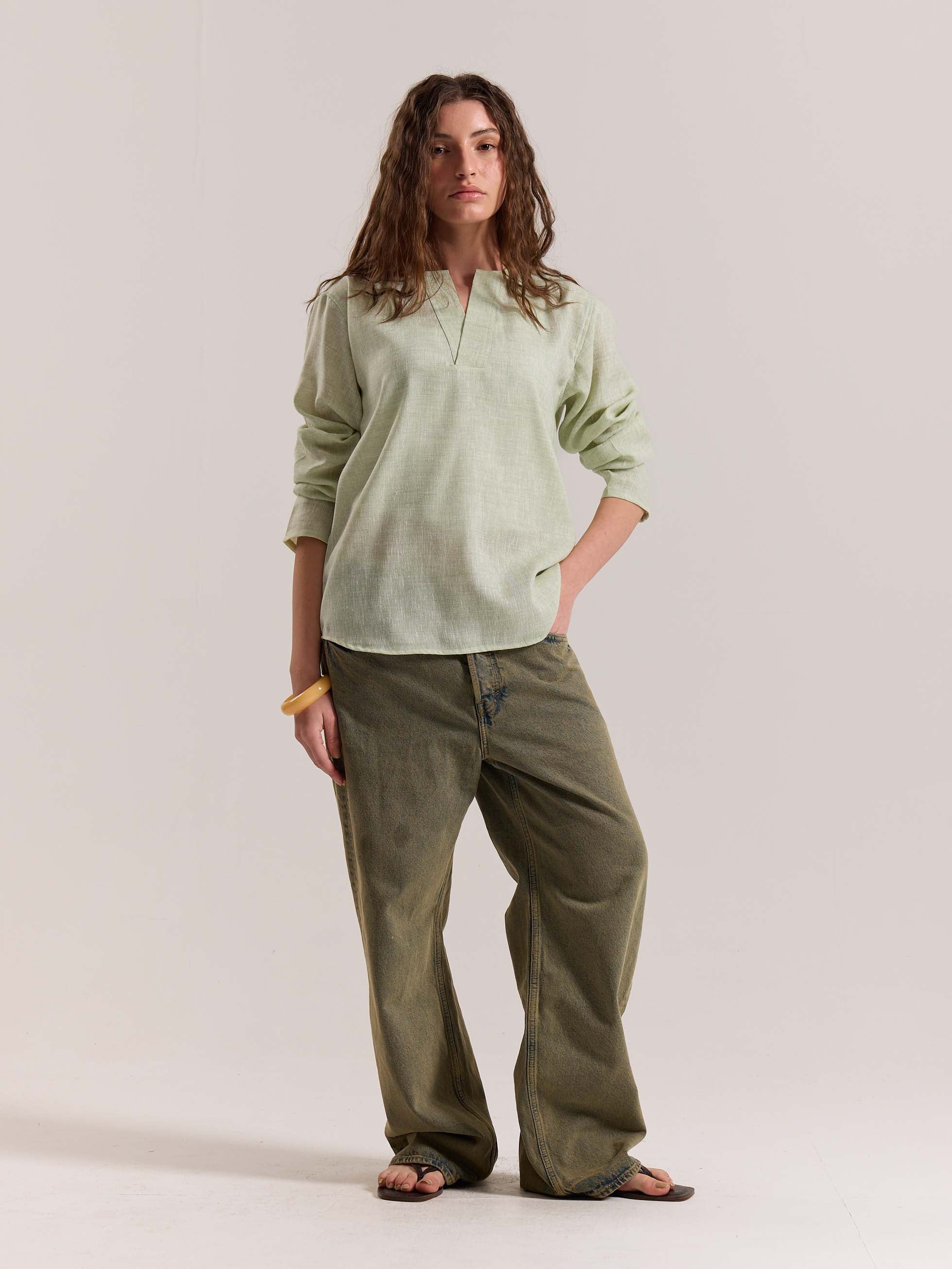 Green Textured Linen Pullover - Image 2