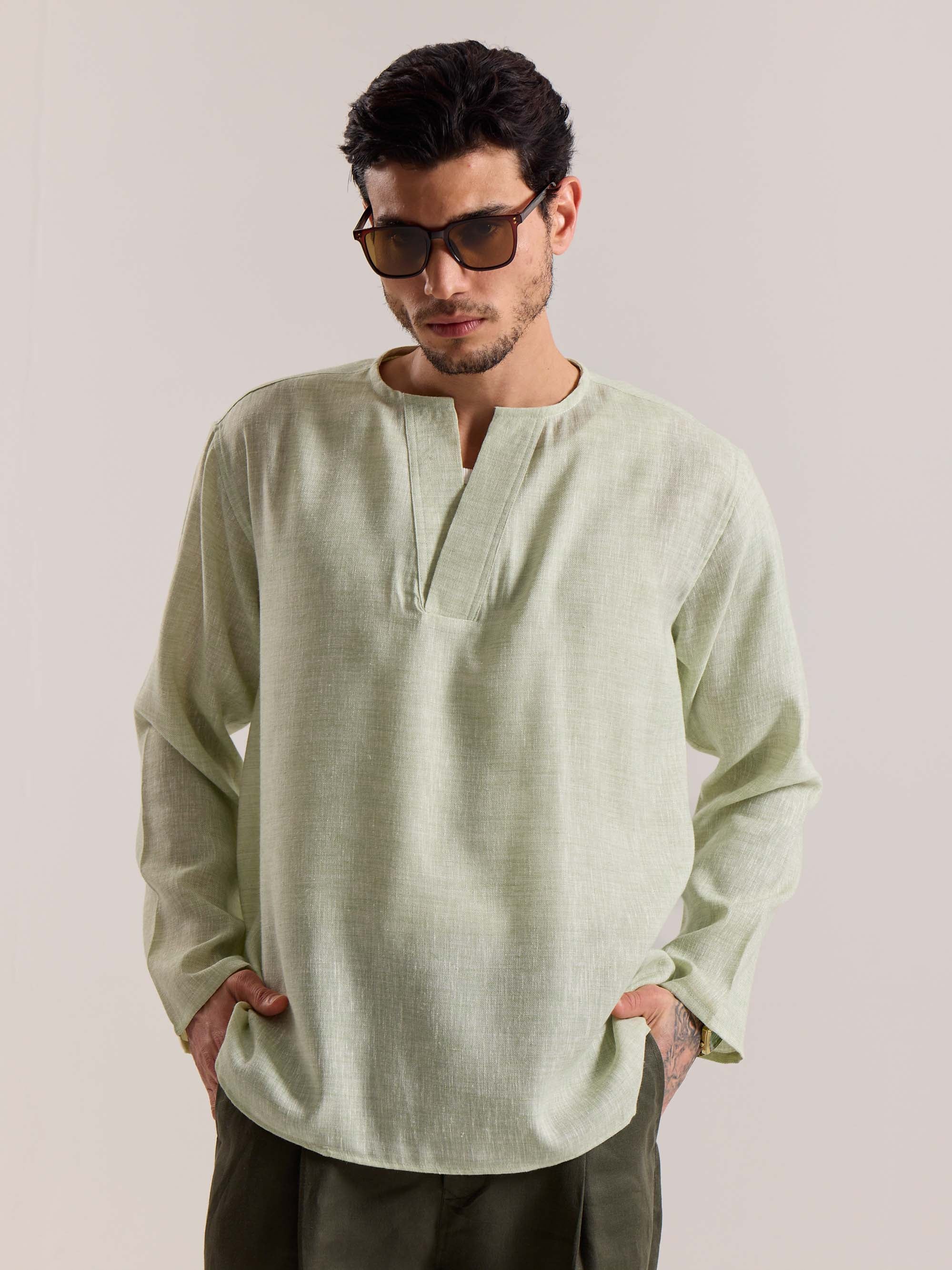 Green Textured Linen Pullover - Image 3