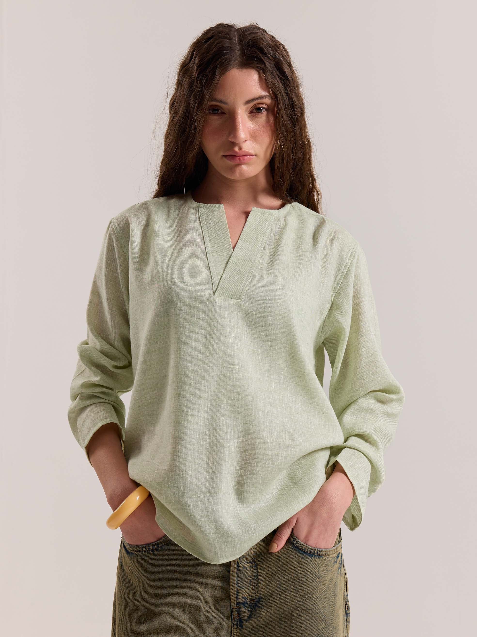 Green Textured Linen Pullover - Image 4