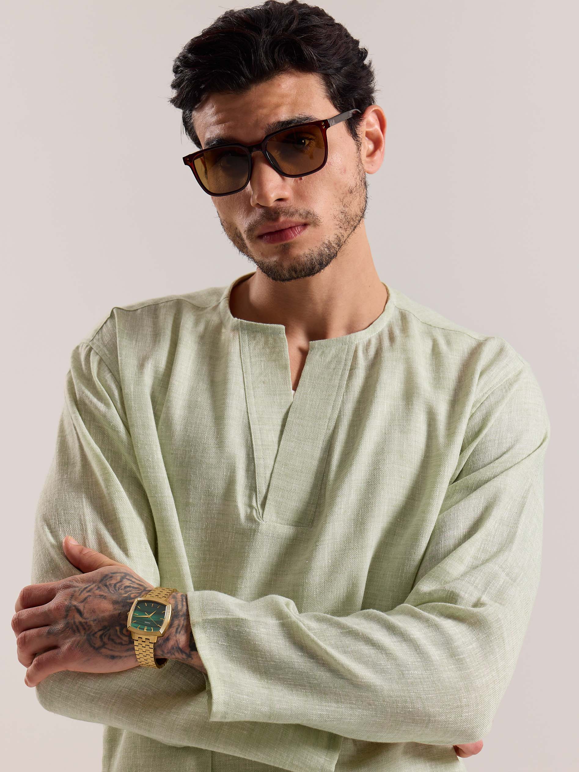 Green Textured Linen Pullover - Image 5