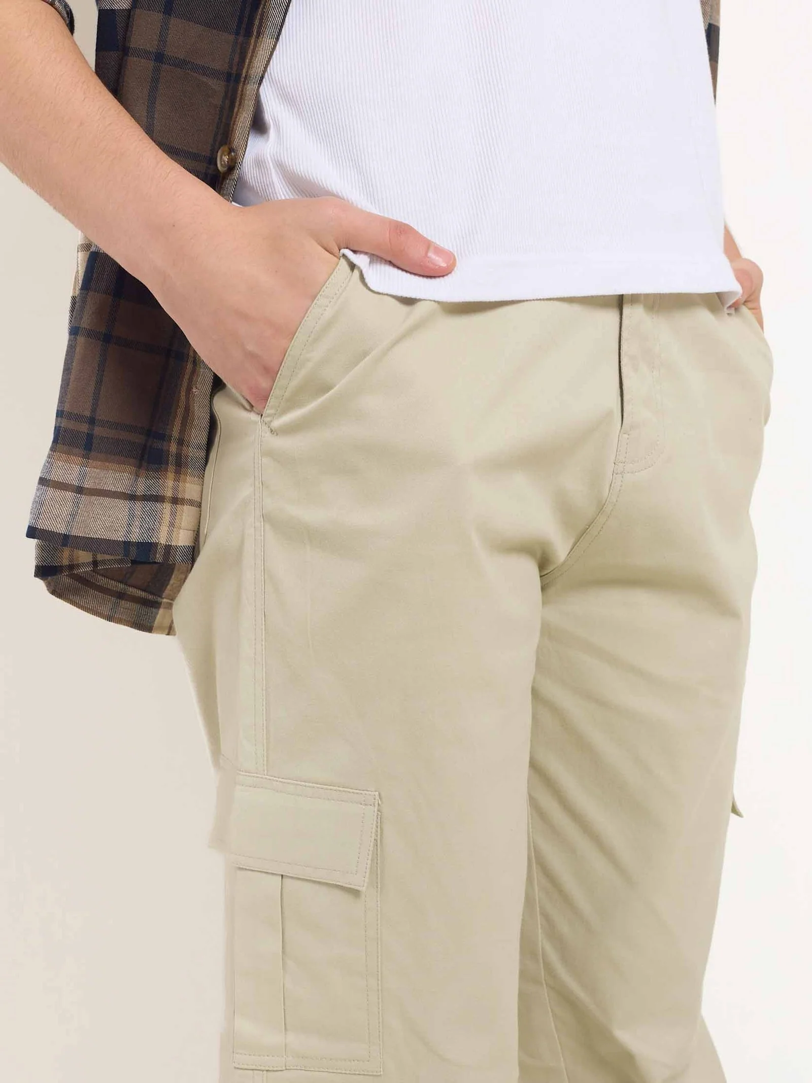 Greige Loose Fit Twill Cargo Trousers - Image 4